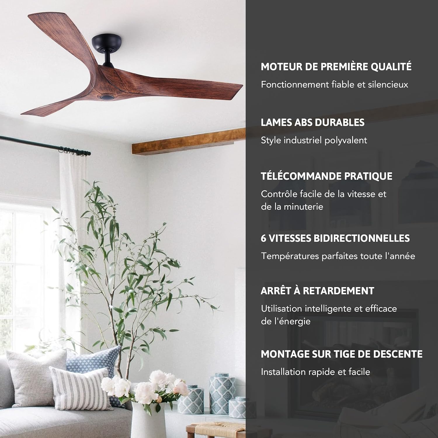 VONLUCE Ventilateur de Plafond Ø132CM 52 Pouces 3 Pales sans Lumière avec Télécommande Moteur DC Silencieux Réversible 6 Vitesses pour Chambre à Coucher Patios Salon Fermier, Noyer