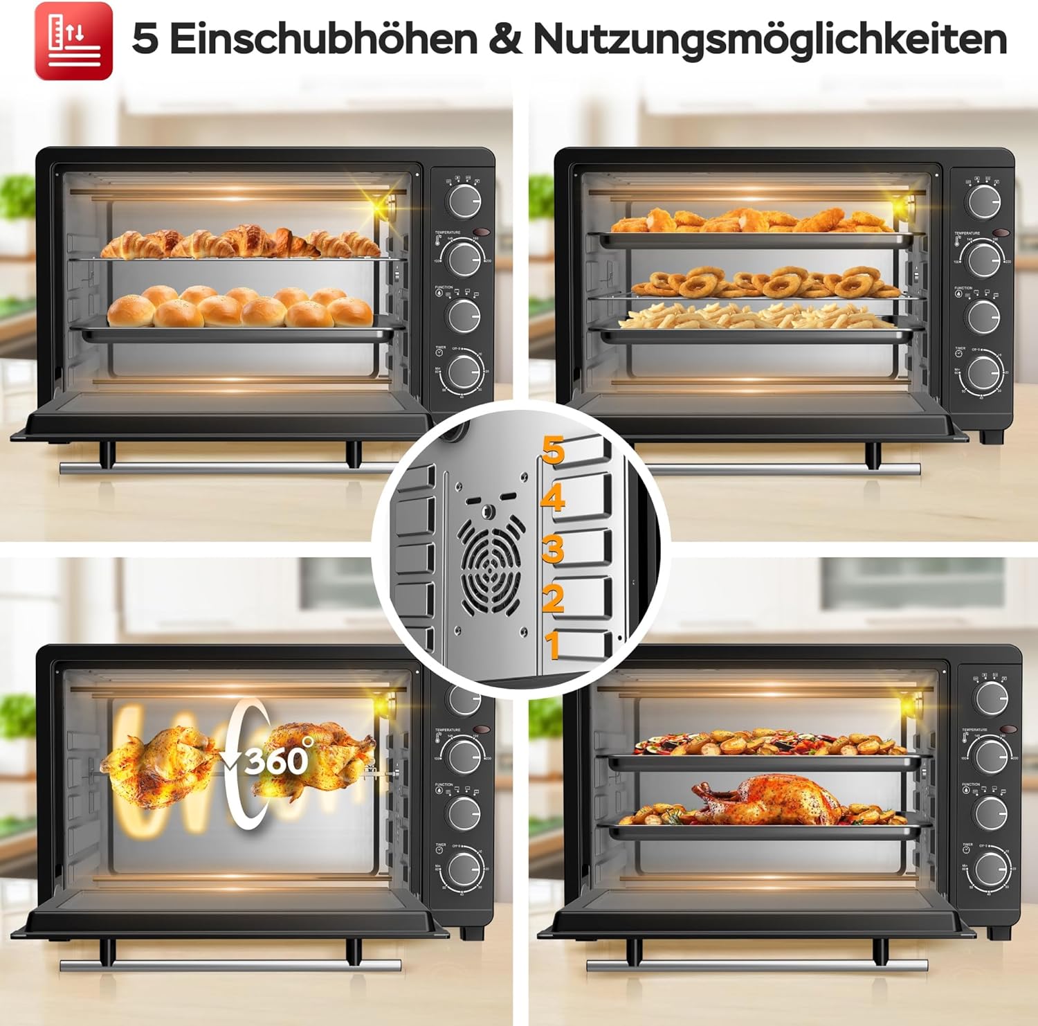 TurboTronic Minibackofen mit Umluft 45L schwarz 2000W, Drehspieß, Timer, Mini Backofen, Pizzaofen, 2 Backbleche, Grill