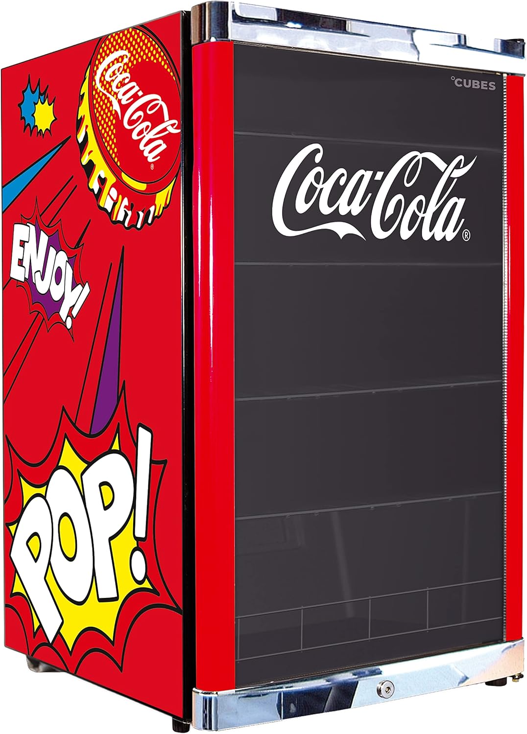 °CUBES Coca Cola PopArt Kühlschrank 115L Getränkekühlschrank groß mit Glastür, perfekt für Partys  und  Gewerbe Energieeffizient, 84,5 cm hoch, 104 kWh/Jahr - Flaschenkühlschrank groß