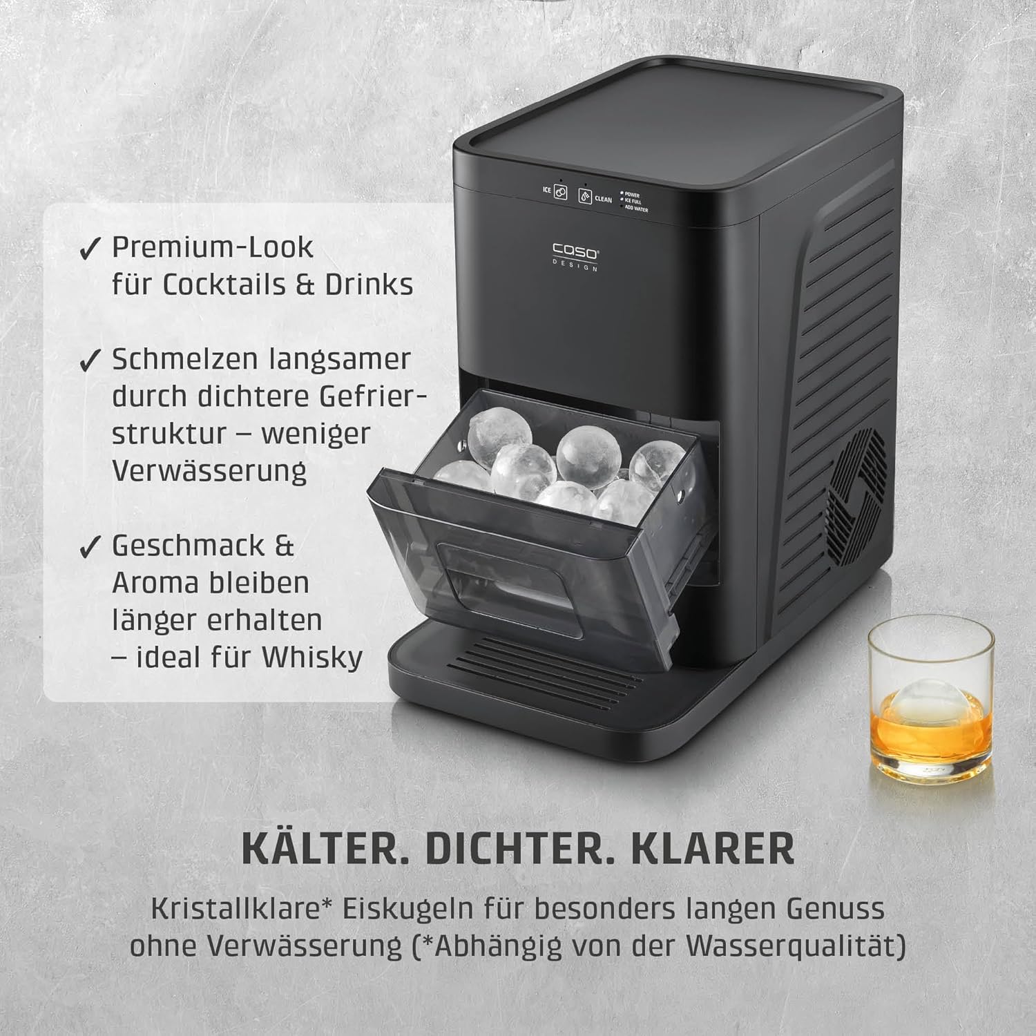 CASO IceBall Pro Eiskugelbereiter mit Kompressor - Kristallklare Eiskugeln 50-55 mm, 2 Kugeln/Stunde, 1,3 l Wassertank, Selbstreinigung, LED-Anzeige, mattschwarz