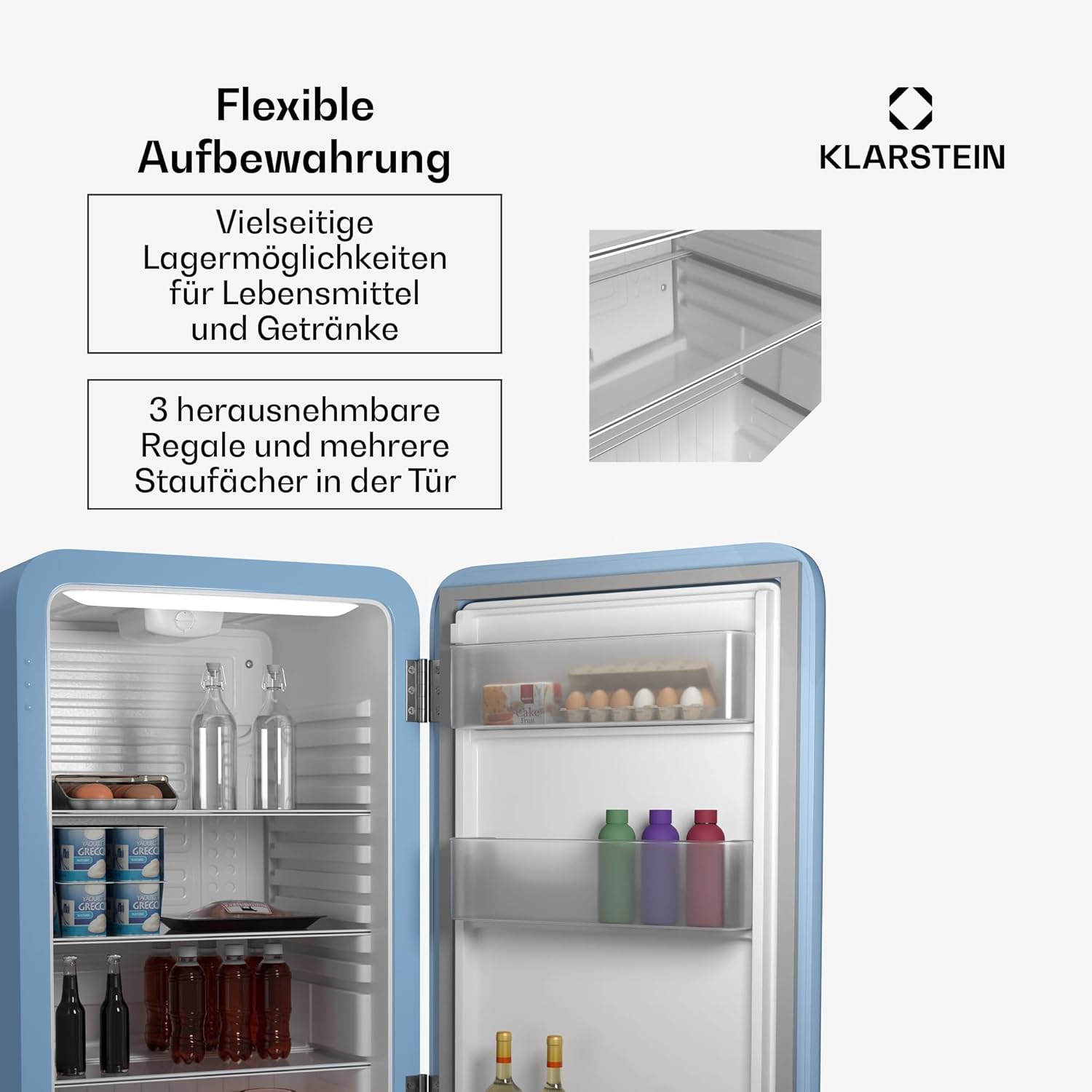 Klarstein Audrey Evo 112L Retro Mini-Kühlschrank - Leise 40 dB, Flexibel Mit Wendetür & Verstellbaren Füßen, Kompakter Kleiner Kühlschrank Für Schlafzimmer & Büros, Blau
