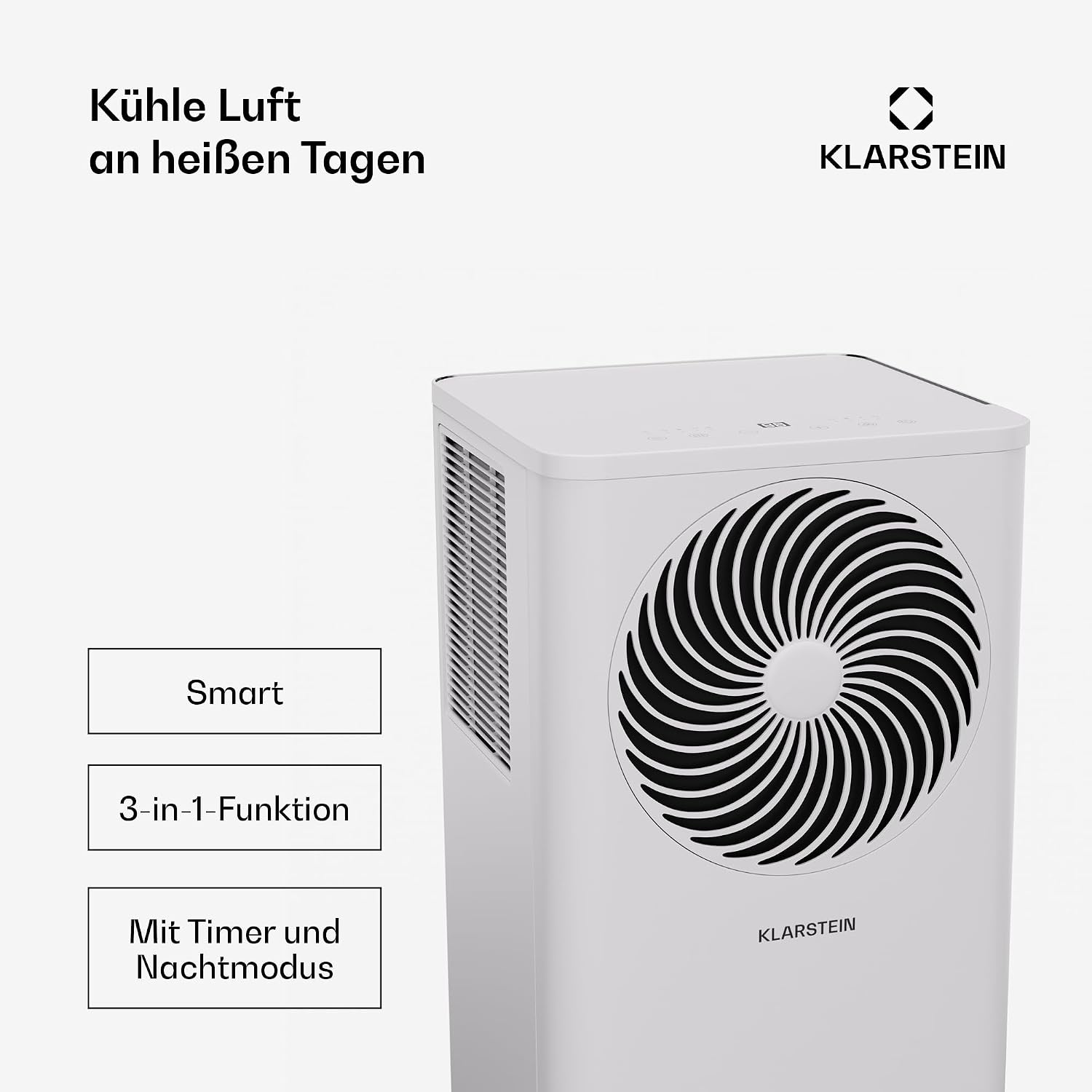 Klarstein Aero Ring Mobiles Klimagerät – 7000 BTU, 3-in-1: Kühlen, Entfeuchten & Ventilator, Smart App & Sprachsteuerung, Für Räume bis 25 m², Energieeffizienz A, R290, Leichtgängige Rollen, Weiß