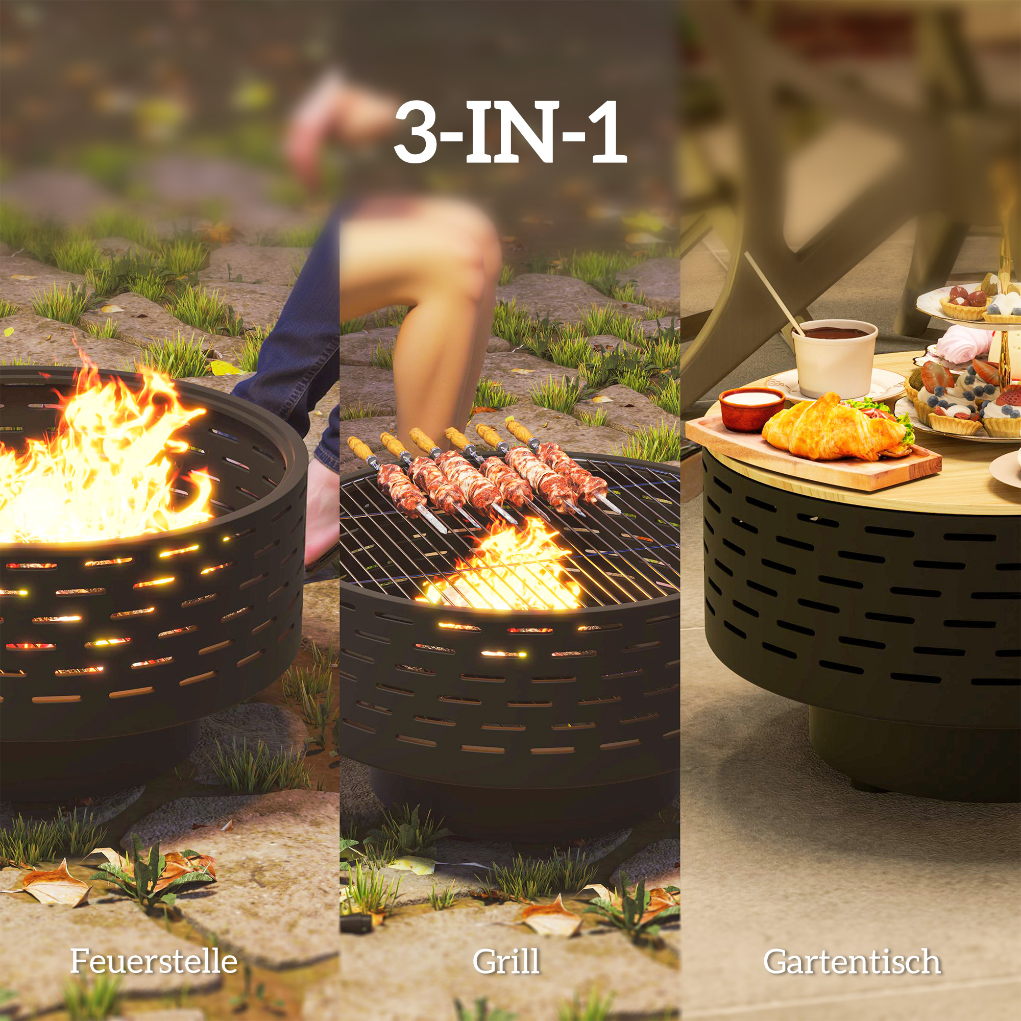 Outsunny 3-in-1 Vuurschaal Ø60 x 39cm van Roestvrij Staal met Grillrooster, Vonkenbescherming en Vuurhaak Steenkoolgrijs
