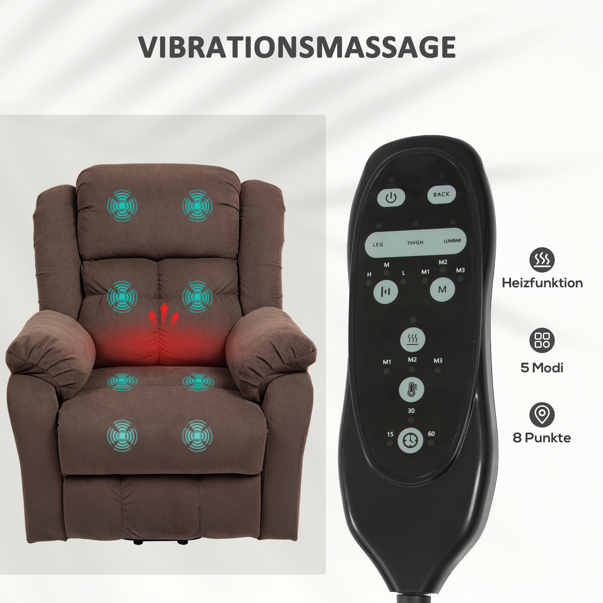 Opstaanstoel met Massagefunctie en Lendeverwarming, Recliner-Stoel met Afstandsbedieningen en Zijzakken, Donkerbruin