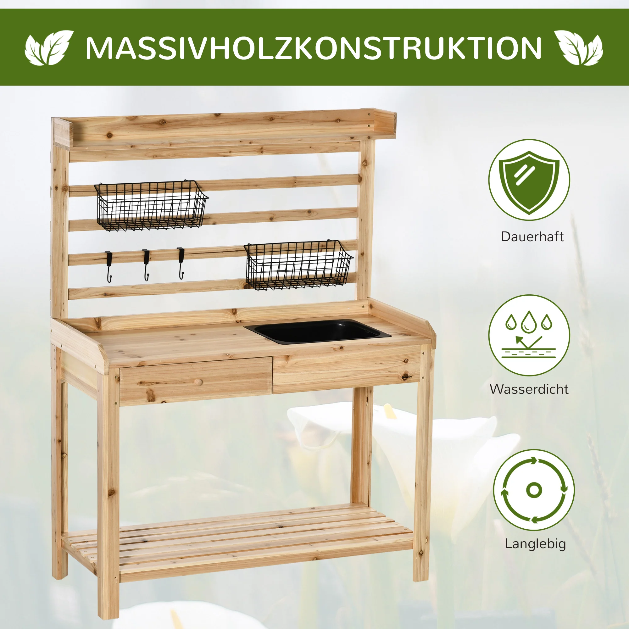 Outsunny Planttafel Tuintafel met Wastafel Houten Bloementafel met Ladehaak Mandplank Tuinterras Naturel 107,5 x 46 x 142 cm