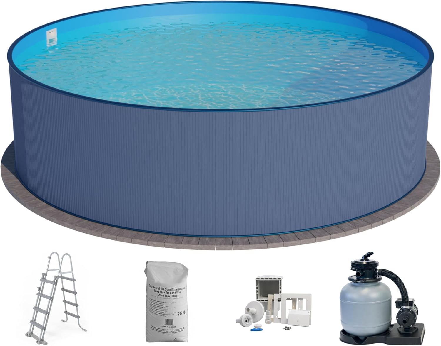 Planet Pool Stahlwandpool Set (5-teilig) rund 350x120 cm, Stahl 0,4 mm anthrazit, Folie 0,4 mm blau, Einhängebiese