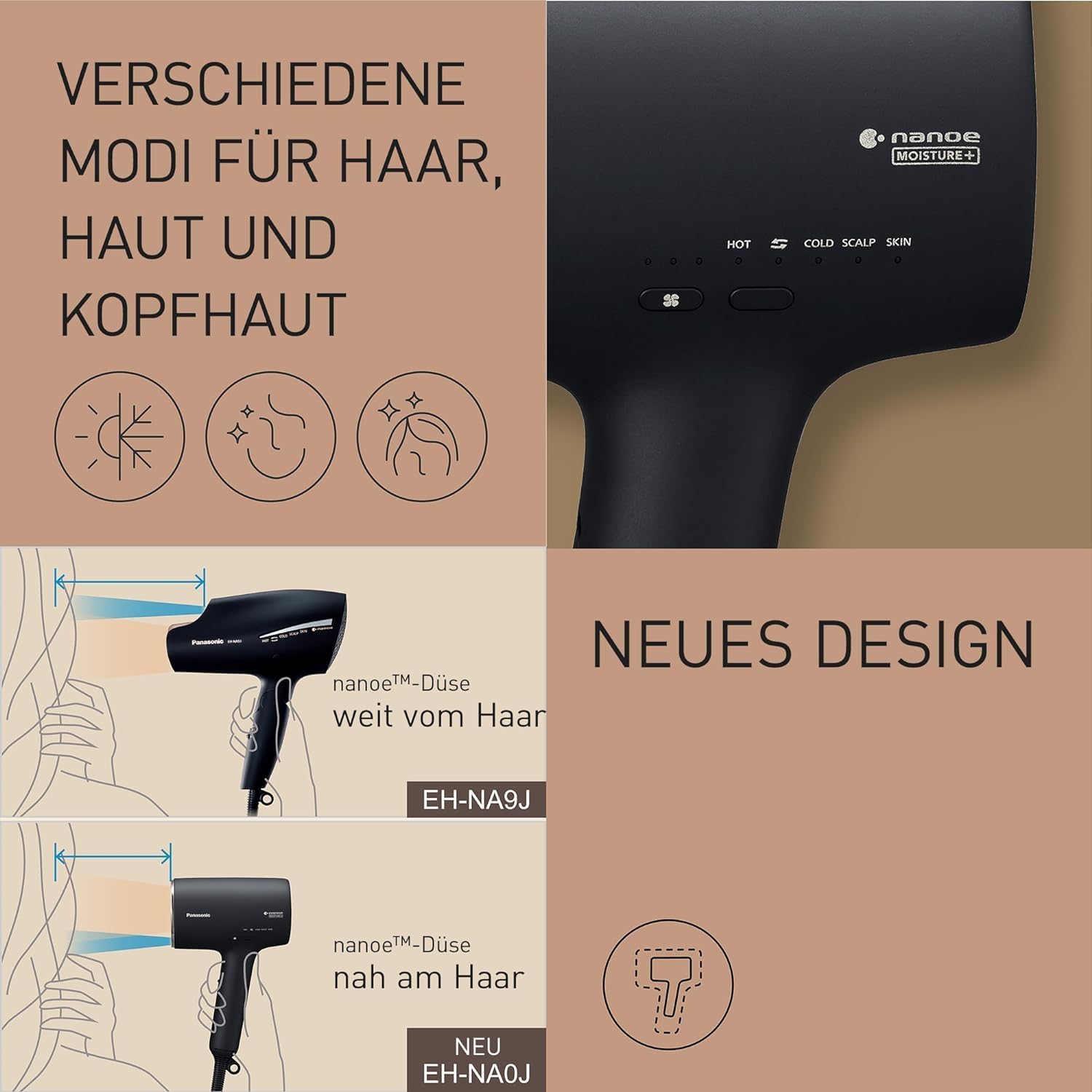 Panasonic EH-NA0J-N825 nanoe™ MOISTURE+ & Mineral Haartrockner, If Design Award, Diffusor & Konzentratordüse, Heiß- & Kalt-Wechselmodus, Pflege für Haut, Kopfhaut & Haarspitzen, 1600 W, Schwarz