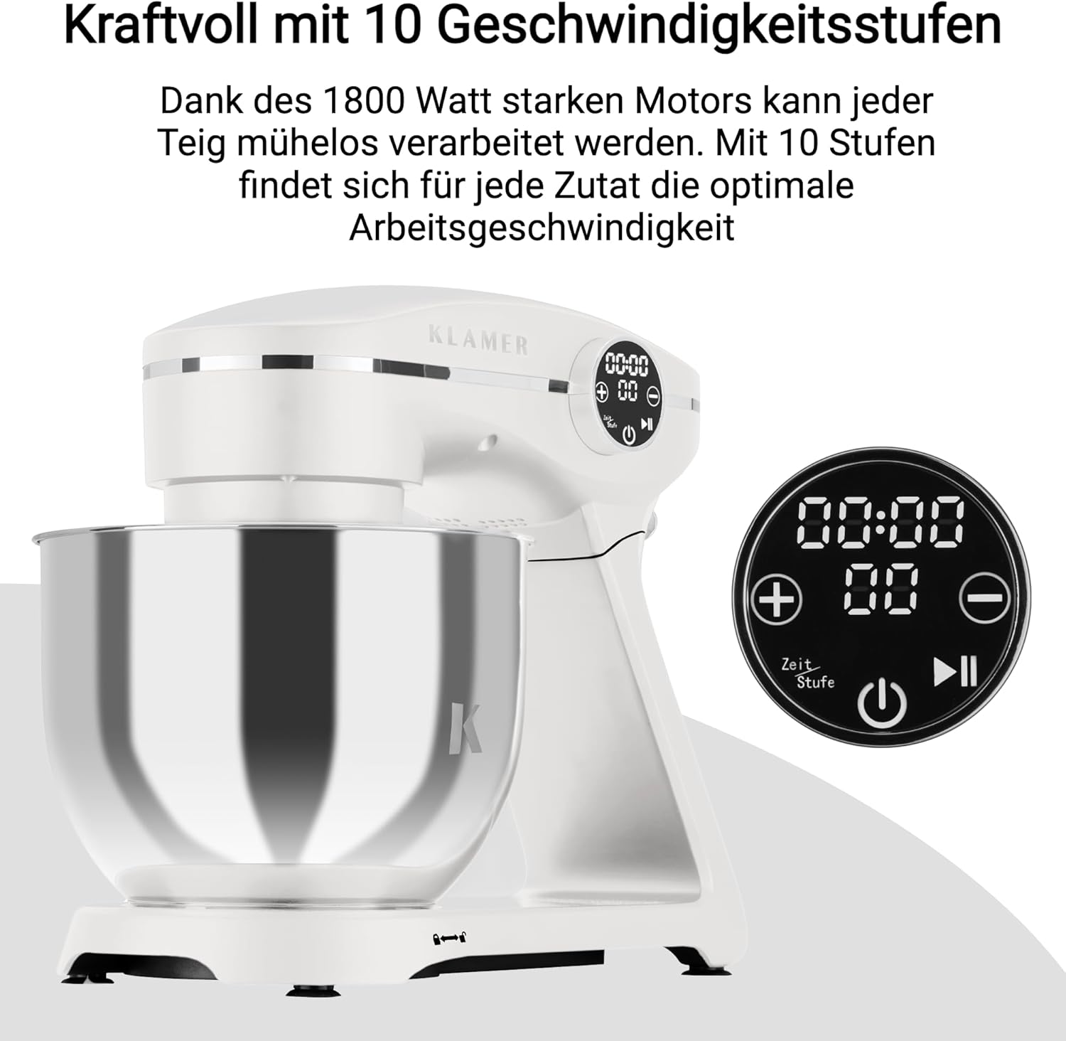 KLAMER Küchenmaschine 1800W, Knetmaschine Brotteig mit Edelstahl-Rührschüssel 6 L, 10 Stufen mit Timer, Planetenrührwerk, Rührbesen, Knethaken, Schneebesen & Sichtdeckel (schwarz)