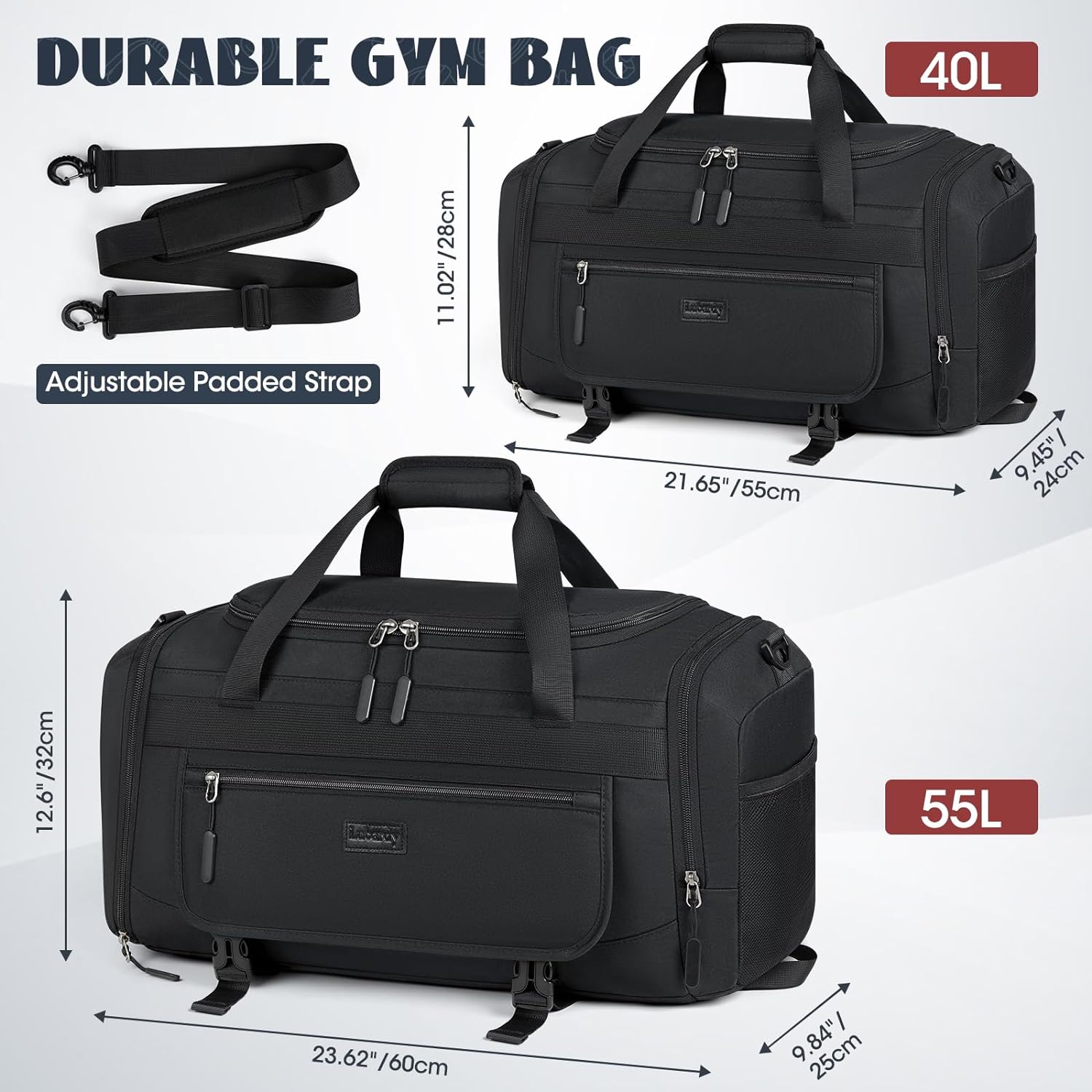 Sport Gym Bag Wasserdichte Gym Duffle Bag Leichte Reise Schulter Weekender Tasche Übernachtung Tasche für Damen Herren, Schwarz, 40L, Duffle Bag Frauen Reise Gym Tote Bag Weekender Übernachtung Tasche