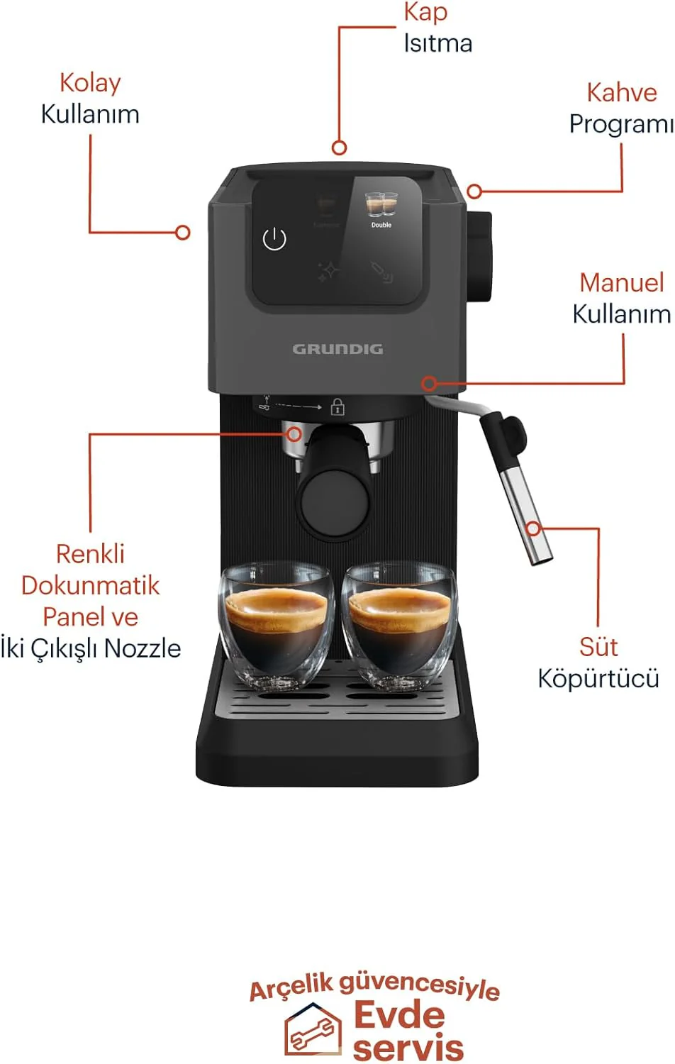 GRUNDIG KSM 5330 Espressomachine met ge?ntegreerd melkreservoir, 1628 W vermogen, 15 bar pompdruk, dubbele tuit, kleuren-touchscreen, BrewSense, CreamyPro, donker inox/zwart