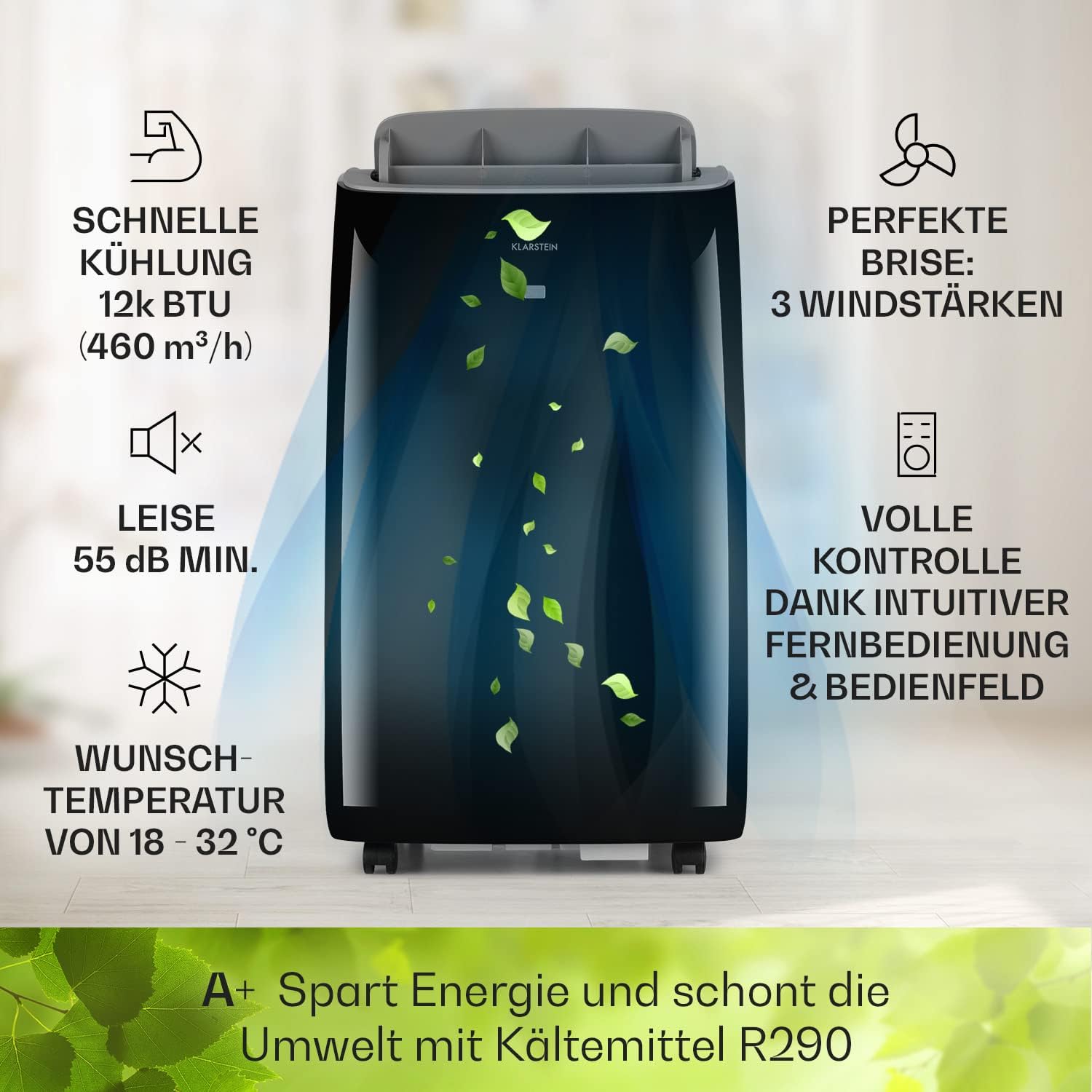 Klarstein Mobile Klimaanlage mit Abluftschlauch, 4-in-1 Klimagerät, Ventilator, Luftentfeuchter & Nachtmodus, Kleine & Portable Klimaanlage für Wohnung & Büro, Niedriger Verbrauch, 14000BTU