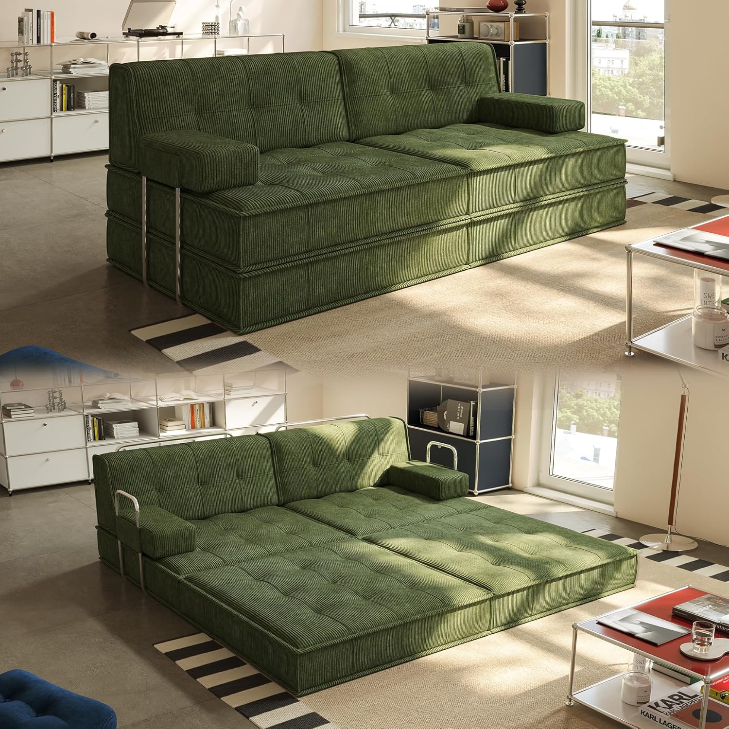 6 in 1 Schlafsofa 160x100cm,Klappbare Matratze 200x160cm mit festem Rahmen, bequemer ausklappbarer Futon, 4-Sitzer Gästesofa modularer Loveseat ohne Federkern für Wohnzimmer