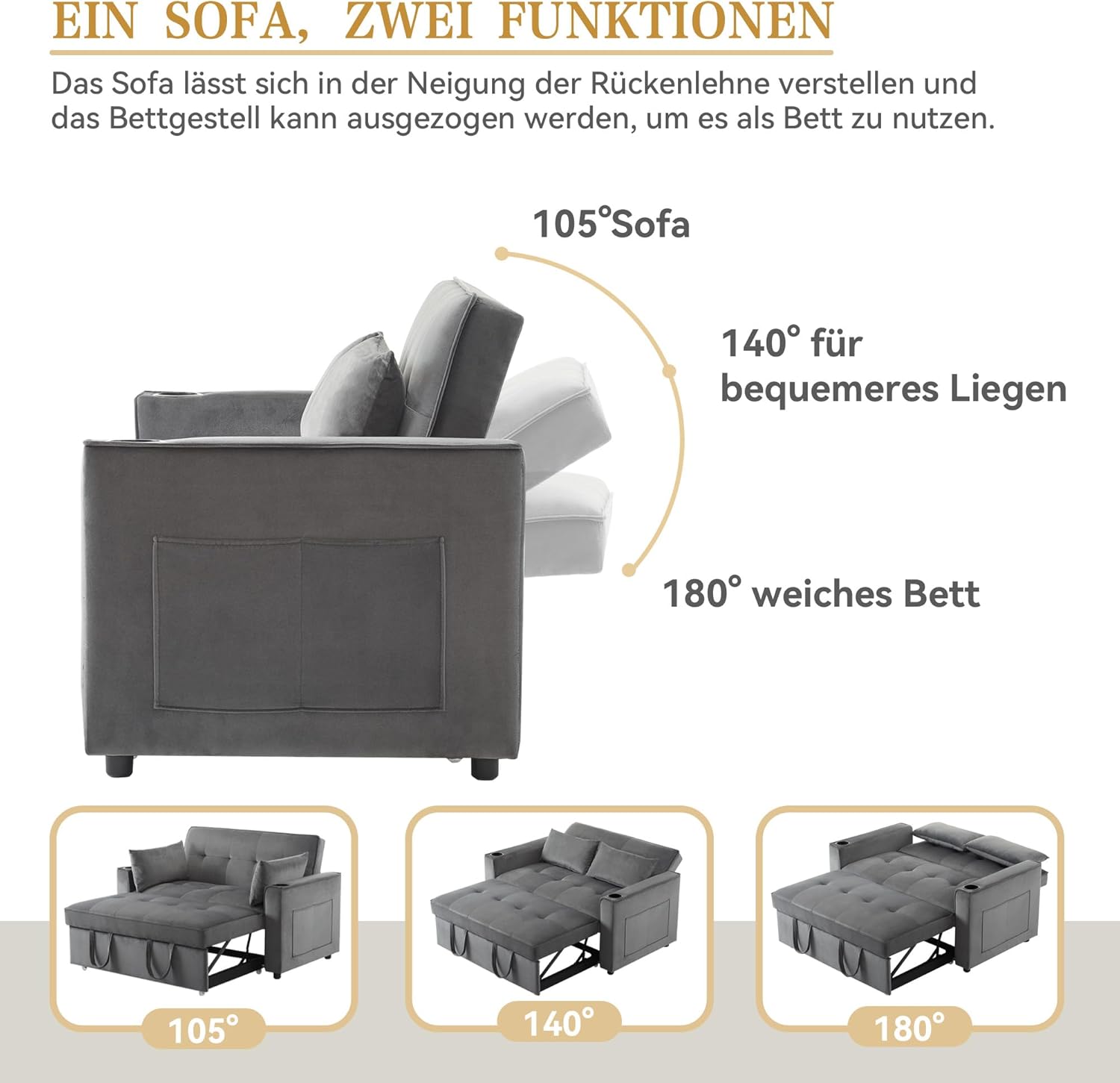 Merax Schlafsofa 2-Sitzer Sofa mit Schlaffunktion, Klappbares 3-in-1 Schlafcouch mit Verstellbarer Rückenlehne, Getränkehalter und Armlehnentaschen, aus Samt, Grau 137 x 76.5 x 83 cm