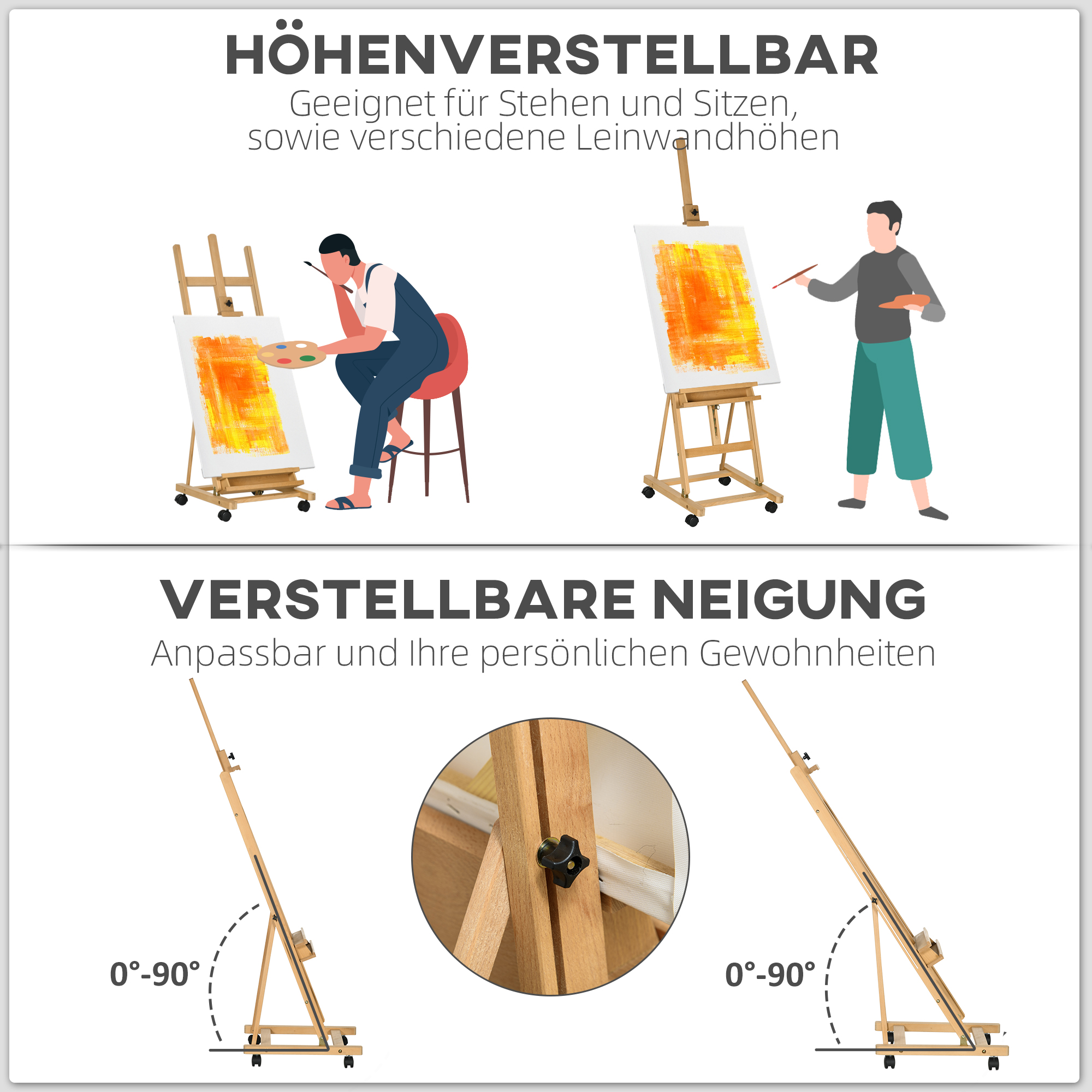 Vinsetto Schildersezel, Kunstenaarsezel, Verstelbaar in hoogte, 4 wielen, Natuur + Zwart