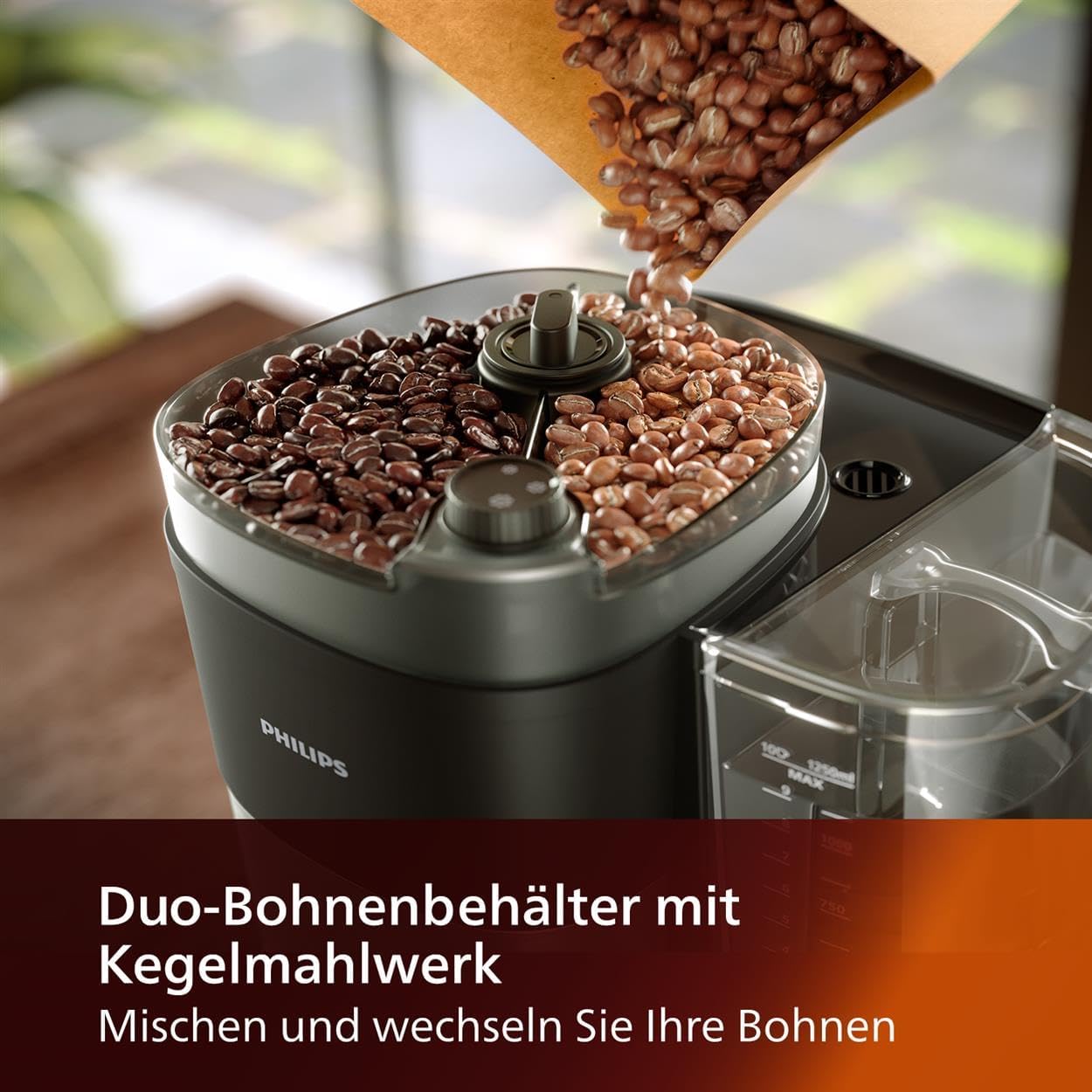 Philips All-in-1 Filterkaffeemaschine - integriertes Kegelmahlwerk für frisch gemahlenen Kaffee - Duo-Bohnenbehlter, 1,25-L-Glaskanne, individuelle Einstellung der Intensitt (HD7900/50)