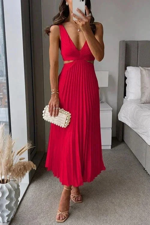 ?rmelloses Plissee-Kleid f��r Damen | Elegantes Midi-Kleid mit V-Ausschnitt und Cut-outs | Luftiges Sommerkleid Wadenlang