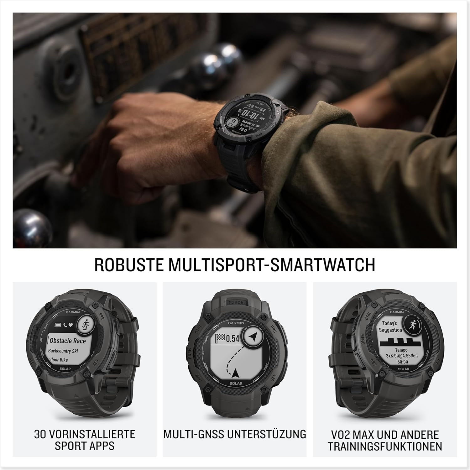 Instinct 2X Solar Tactical – GPS-Smartwatch mit unendlicher Akkulaufzeit im Smartwatch-Modus, über 40 Sport-Apps, Smart Notifications, Pay, Trainingszustand, Fitnessalter, Schlafanalyse UVM