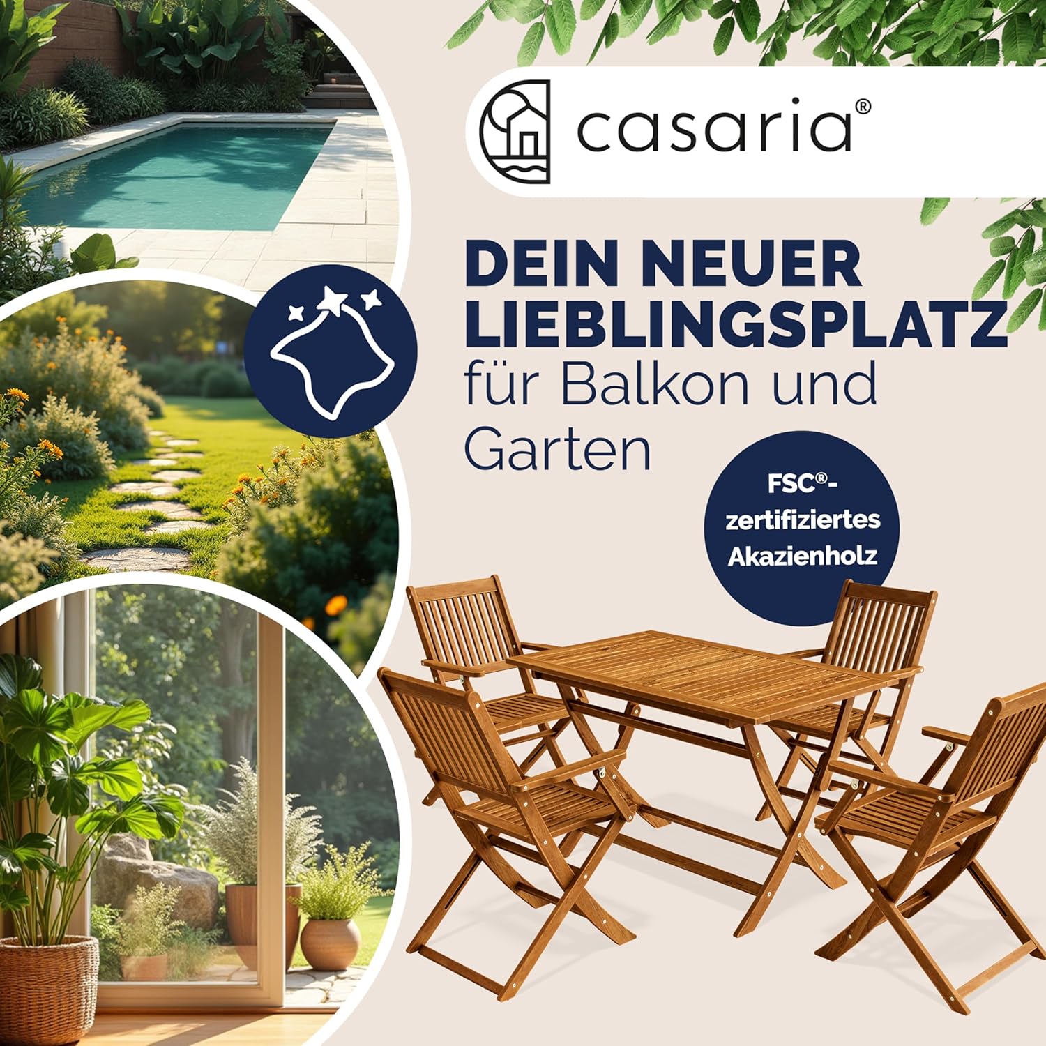 Casaria® Gartenmöbel Set Modell 2026 - NEU: Extra Stabiler Tisch mit umlaufender Verstärkungsleiste 5-teilig aus FSC® Akazienholz, 4 Stühle mit Armlehnen, klappbar für Garten & Balkon