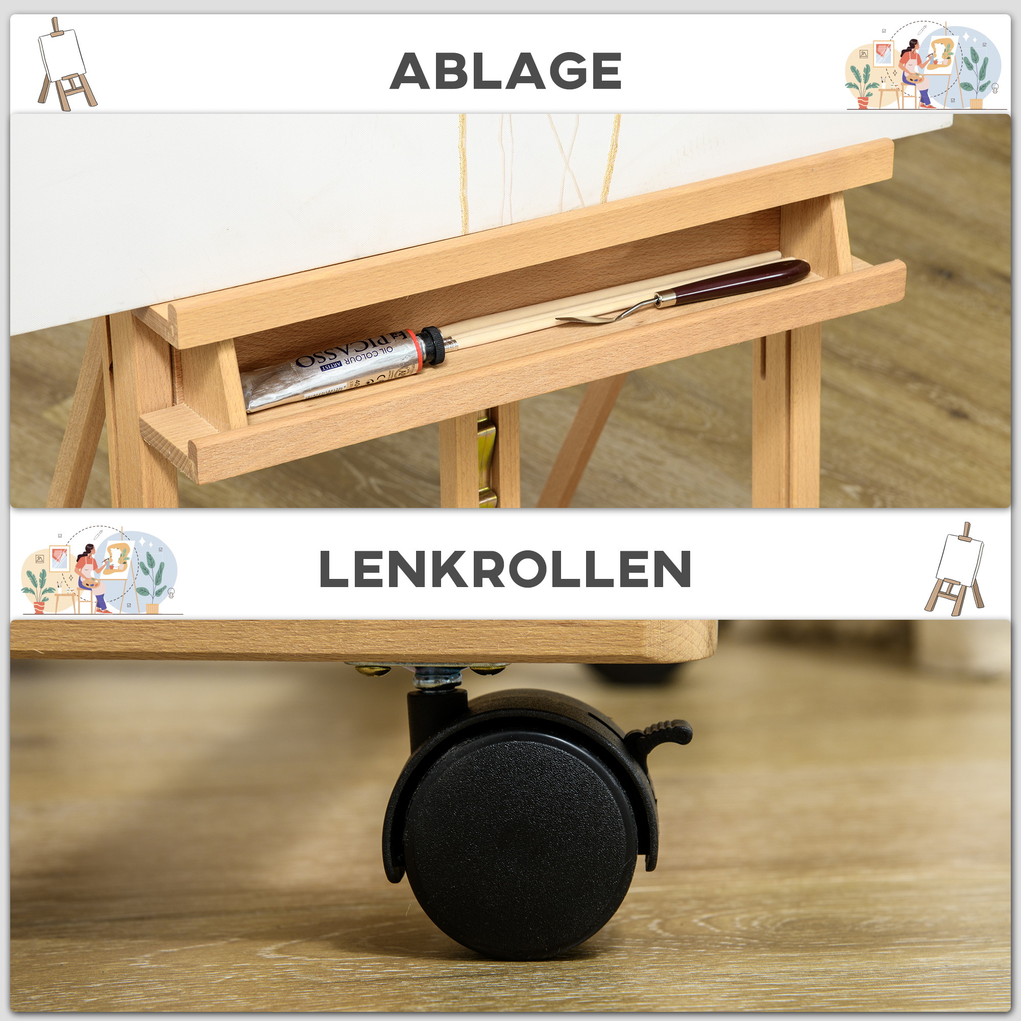 Vinsetto Schildersezel, Kunstenaarsezel, Verstelbaar in hoogte, 4 wielen, Natuur + Zwart