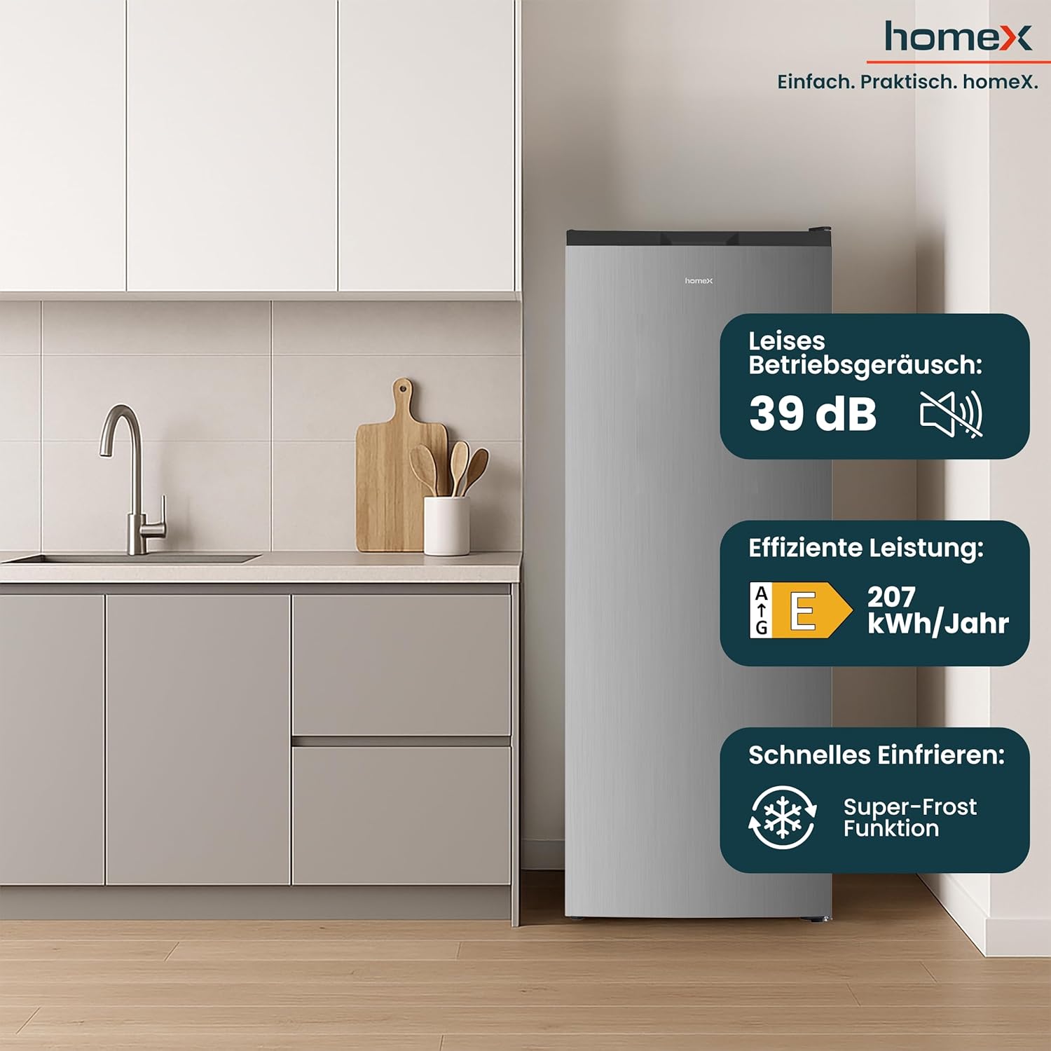 homeX Gefrierschrank NoFrost, Tiefkühlschrank groß - 161L Nutzinhalt, 4-Sterne Gefrieren, Freezer No Frost, Gefrierschränke freistehend, Super-Frost-Funktion, leise 39 dB, silber, FSN1611E-S