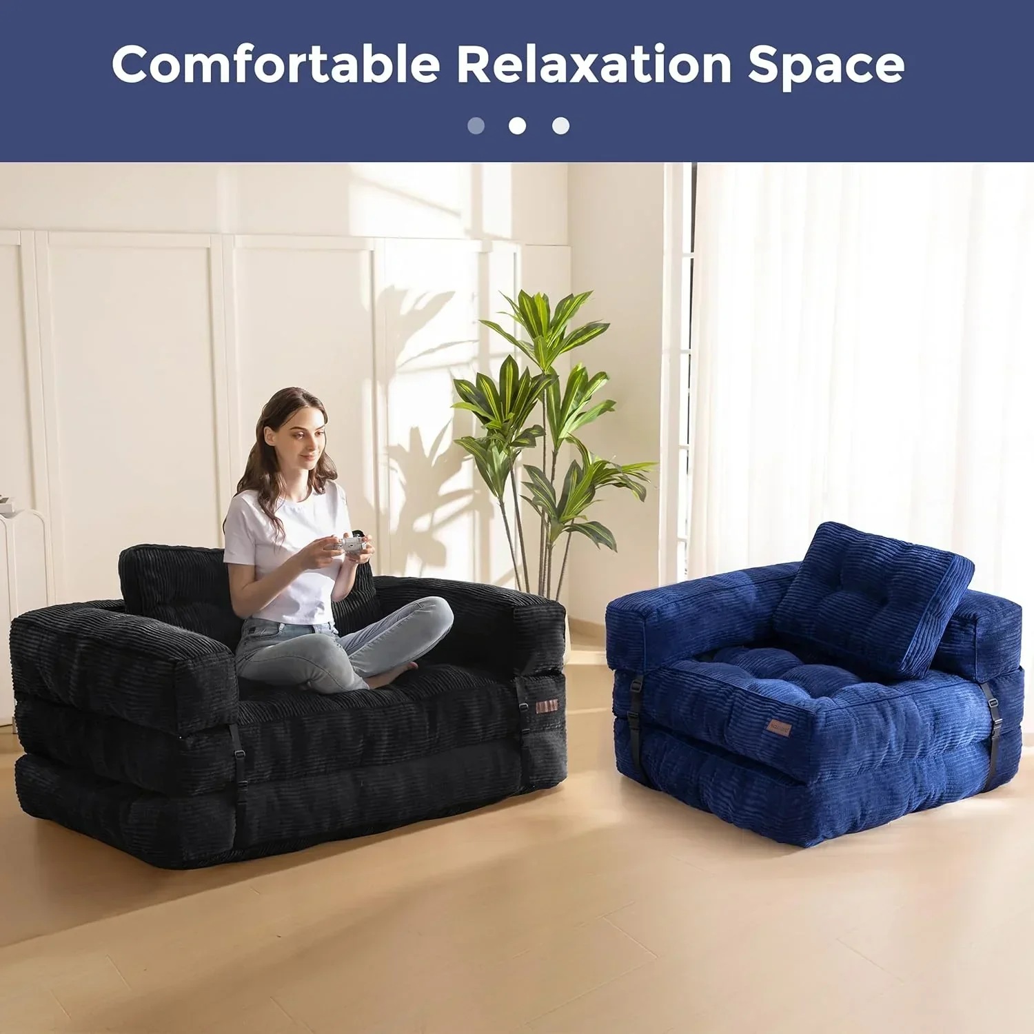 Folding Sofa Bed L-Shaped Convertible Sofa Bed with Armrests and Pillows