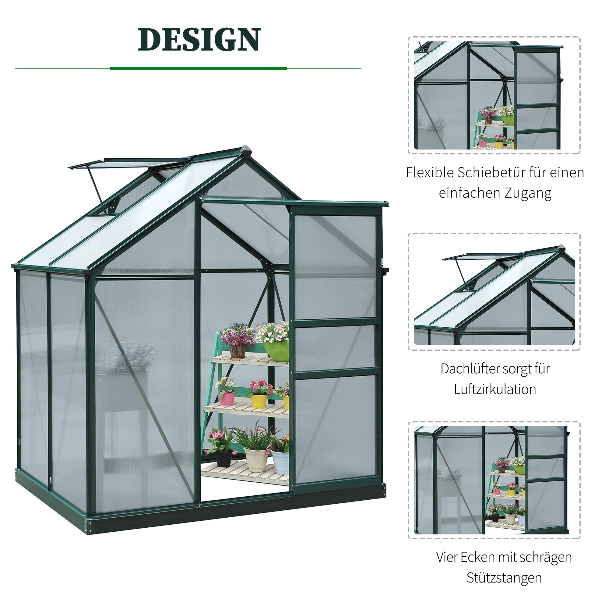 Outsunny kas aluminium kas met dakraam deur 190 x 132 x 201 cm plantenhuis met fundering inloop tomatenhuis weerbestendig polycarbonaat groen + transparant