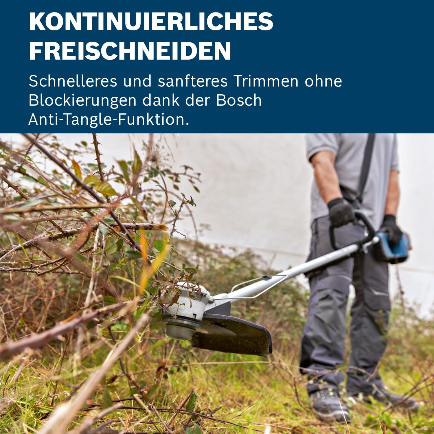 Bosch Professional 18V System Akku-Freischneider GFR 18V-23 (bürstenloser Motor, Schnittkreisdurchmesser 23 cm, 1x Fadenspuleneinheit, 1x Schultergurt, Freischneidermesser-Set, Pflanzenschutzbügel)