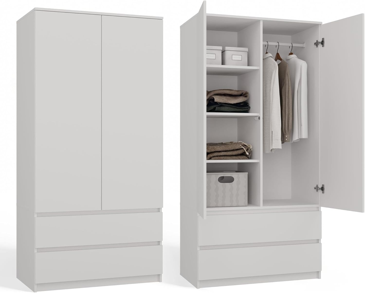 CDF Kleiderschrank Weiß 90cm Breit Kinderzimmer Schlafzimmer 2 Schubladen 2-türig Kleiderschrank Zweitüriger Schrank Moderne Look Alles für die Montage Inklusive Garderobenschrank Klamotten Spielzeuge