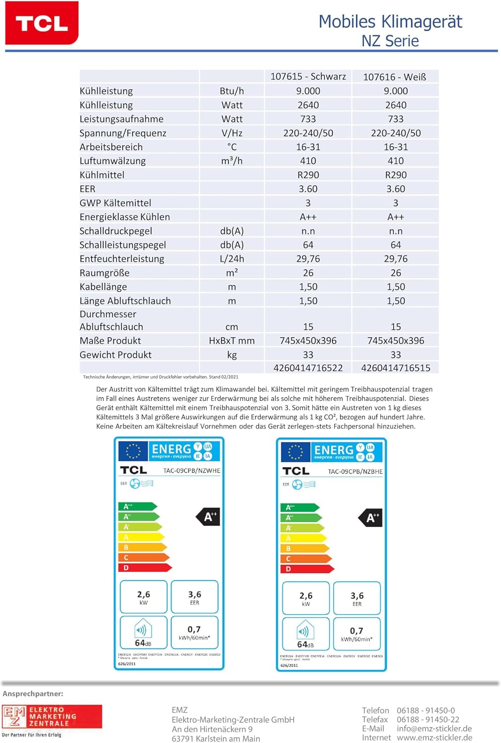 TCL WHITE 9000 BTU Klima 2,6 kW mobiles Klimagerät mobile Klimaanlage