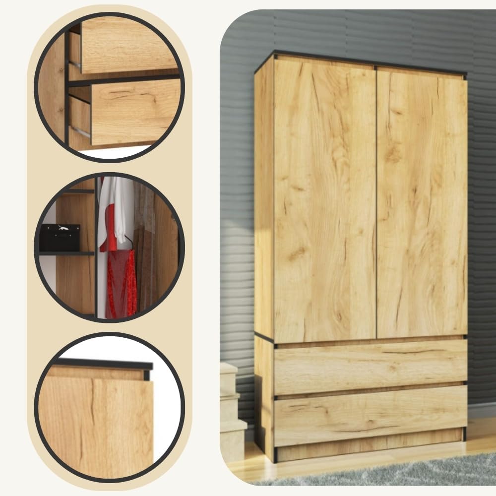 AKORD Zweitüriger Kleiderschrank S 90 cm 2 Schubladen mit Regalen und Einer Kleiderstange für EIN Schlafzimmer Kleiderschränke Minimalistischer Stil Schichtstoffplatte 16 mm | Eiche Craft