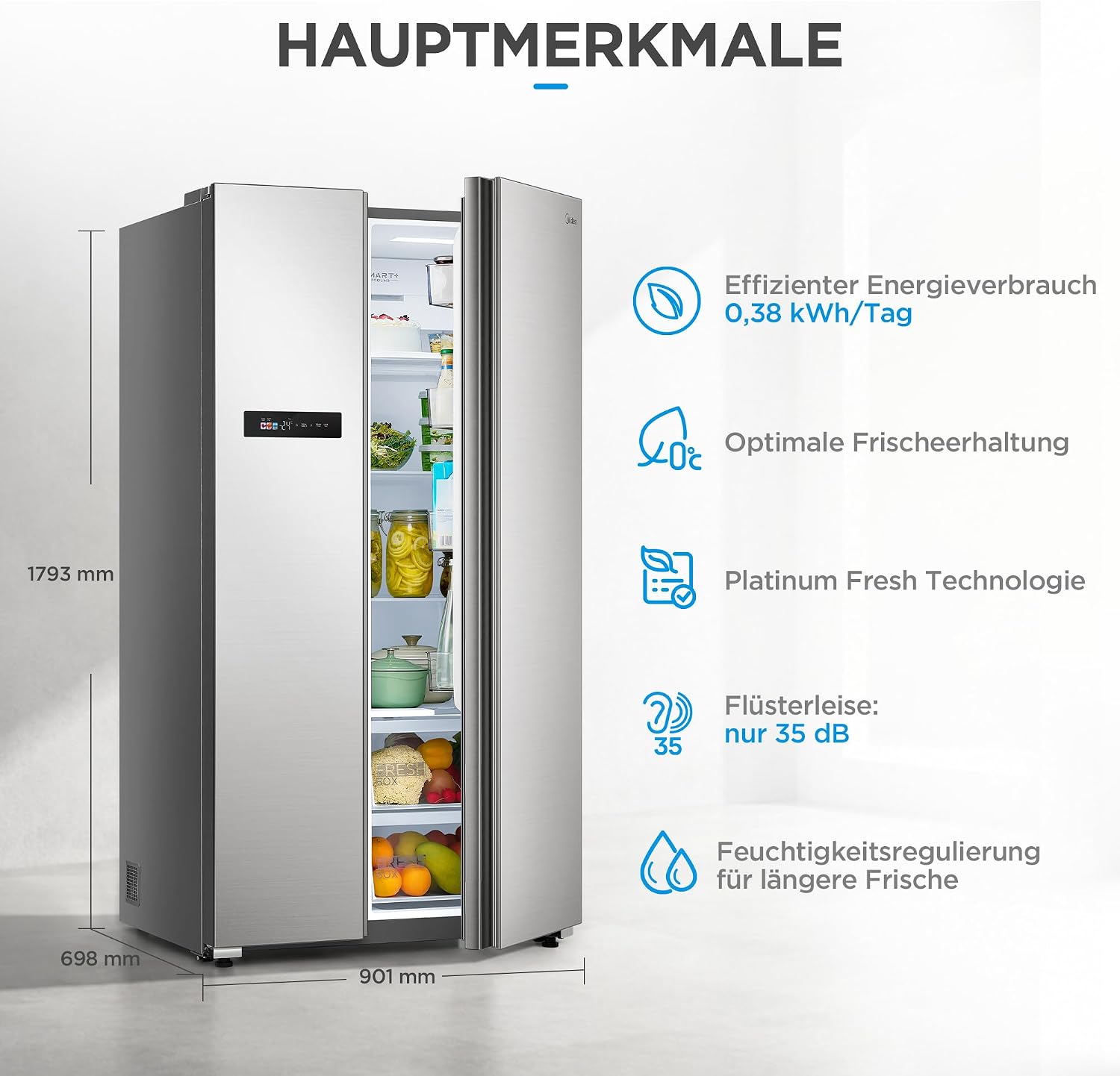 Midea Side-by-Side Kühl-Gefrierkombination 592 L | No Frost, Inverter Kompressor, leise 35 dB | 179,3 cm hoch, Multi-Air-Flow, SuperCool & Freeze | Platinum Fresh | Blau-Stahl, MDRS791MYA46