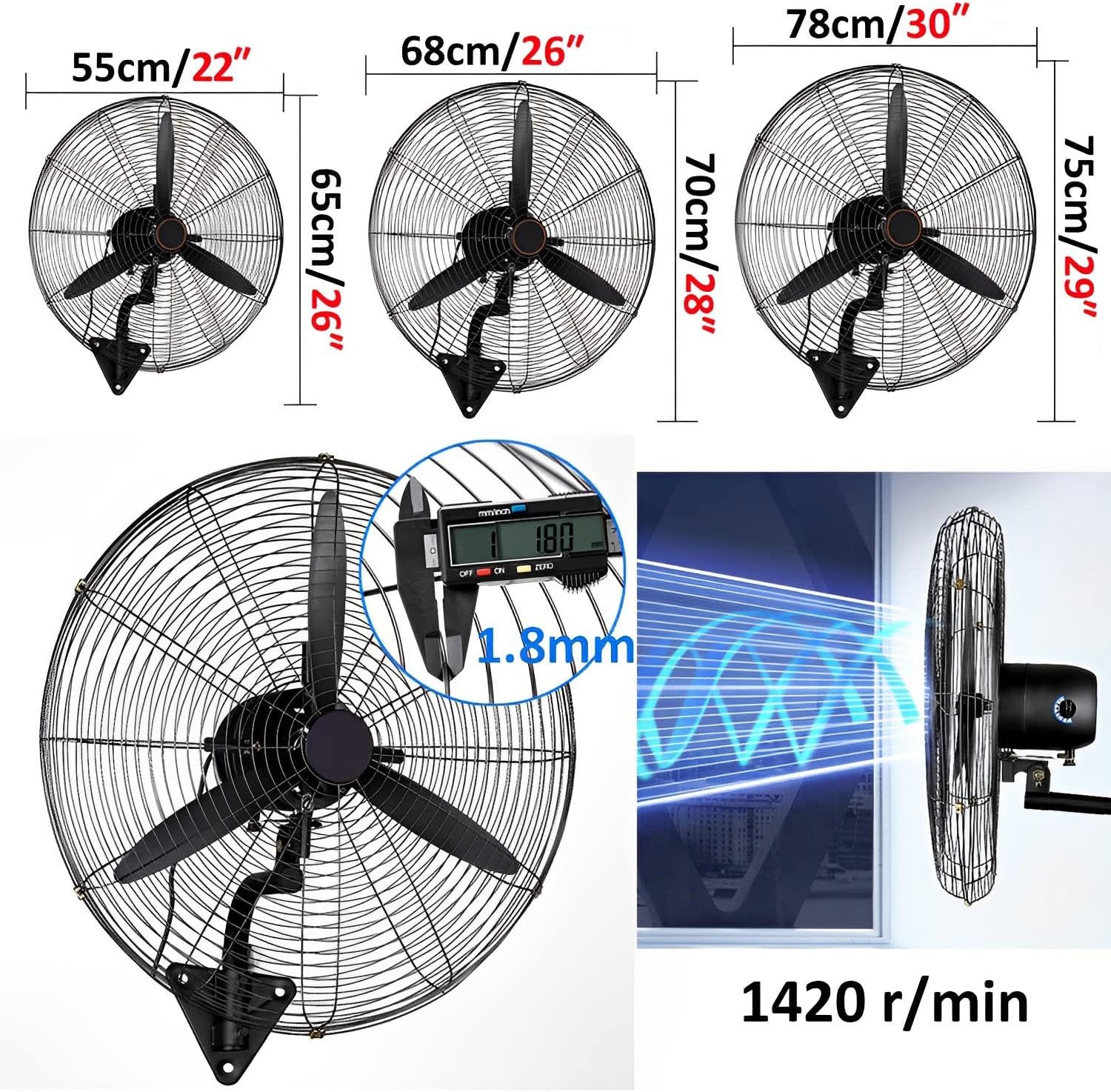 Industrieller Wandventilator (22/26/30 Zoll), Hochleistungs-Wandventilator Mit Hoher Luftgeschwindigkeit, 120°-Oszillation, Robuster Gewerbeventilator, 3 Geschwindigkeitsstufen, Geräuscharm