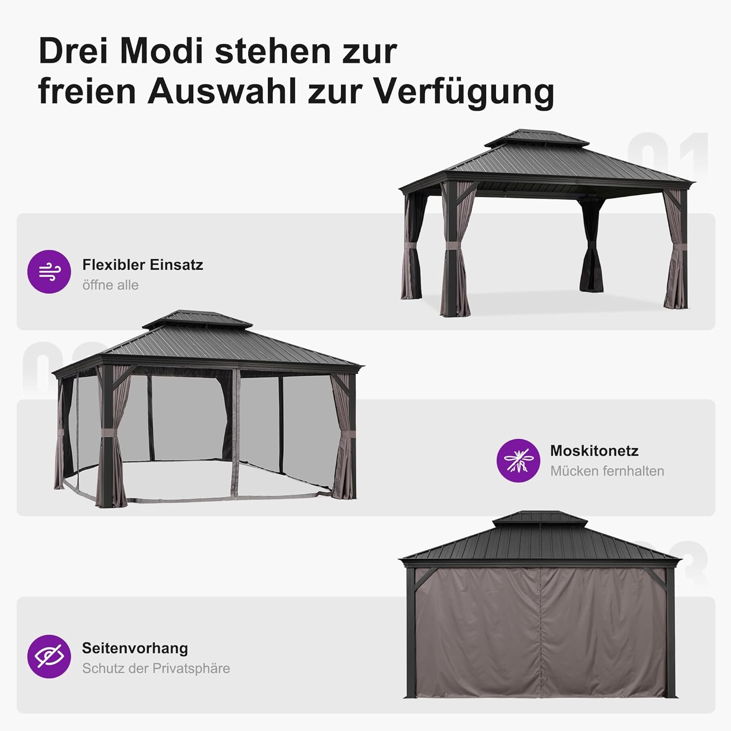 PURPLE LEAF Gartenpavillon 3.65 x 4.25 m Alupavillon Wasserdicht Stabil Winterfest Pavillon mit Stahldach Hardtop Pavillon 14.6 m 24 LED Lichterketten, Grau