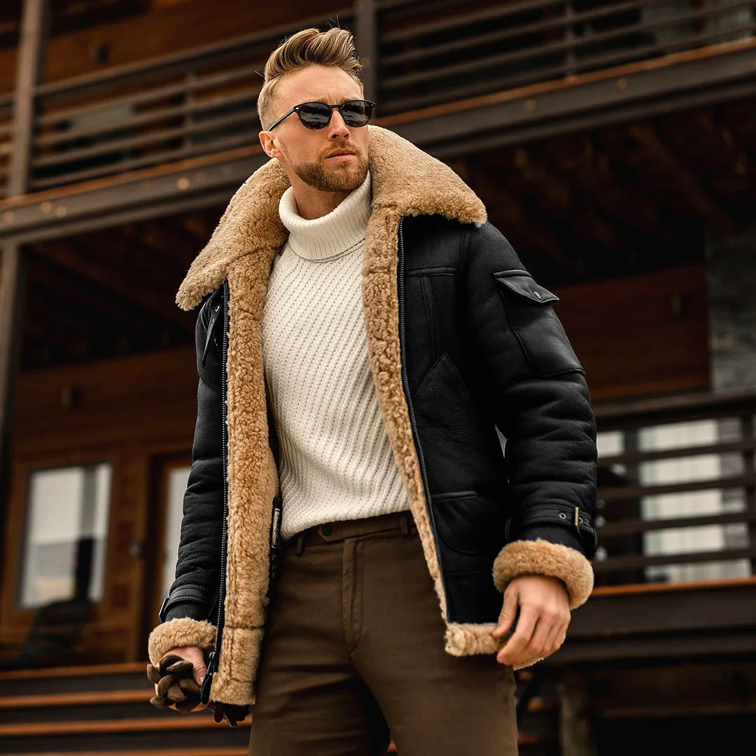 Aviator-Jacke f��r Herren aus Lammfellimitat | Warmer Pilotenmantel aus Kunstleder