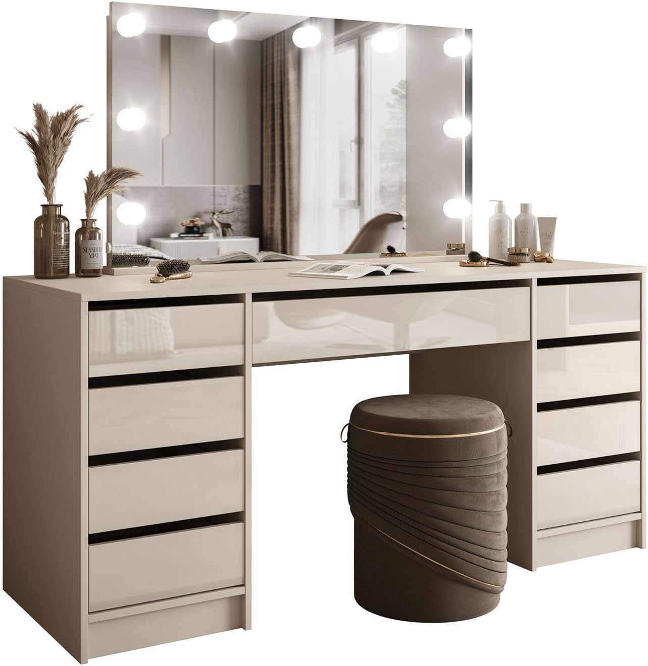 Lookway Schminktisch MADA Elite II mit LED-Spiegel – Eleganter Kaschmir oder Weiß Hochglanz, Wandmontage, Geräumige Schubladen (Kaschmir/Kaschmir Hochglanz)