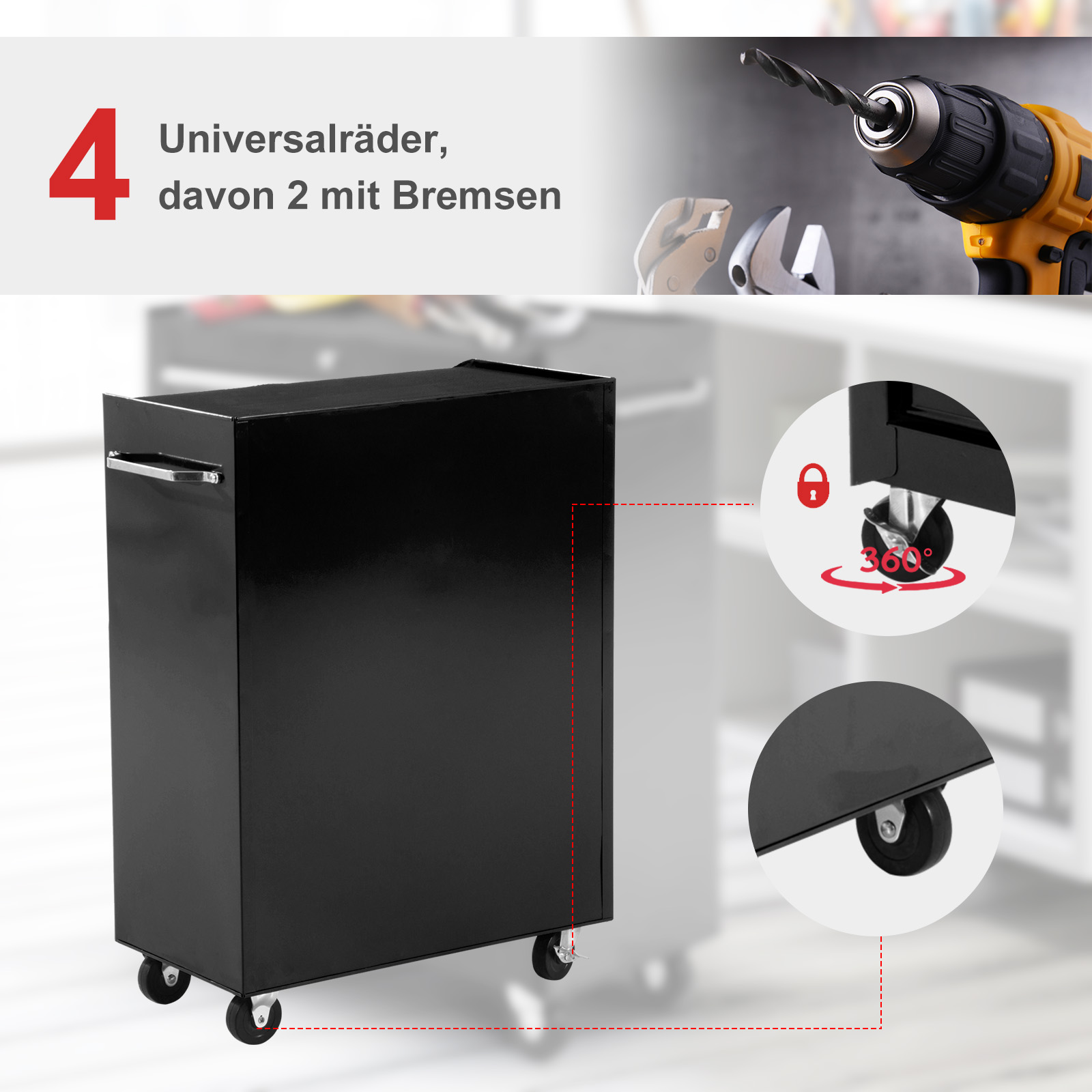 Gereedschapskast, Gereedschapskist, 5 Laden, Rolbaar, Staal, Zwart