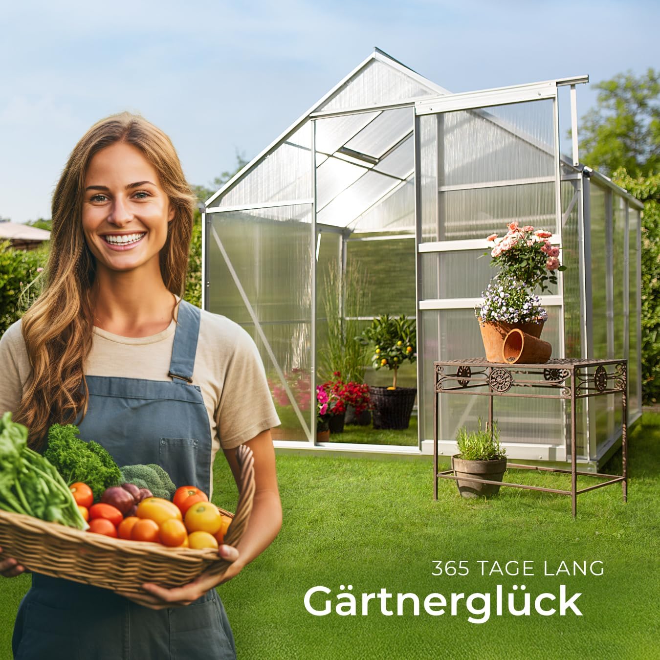 tectake® Aluminium Gewächshaus, 190x185x195 cm, Treibhaus, Tomatenhaus, Frühbeet, Pflanzenhaus, UV beständig, 4 mm Platte, Schiebetür & Dachfenster, Schutz vor Kälte, Regen und Frost - ohne Fundament