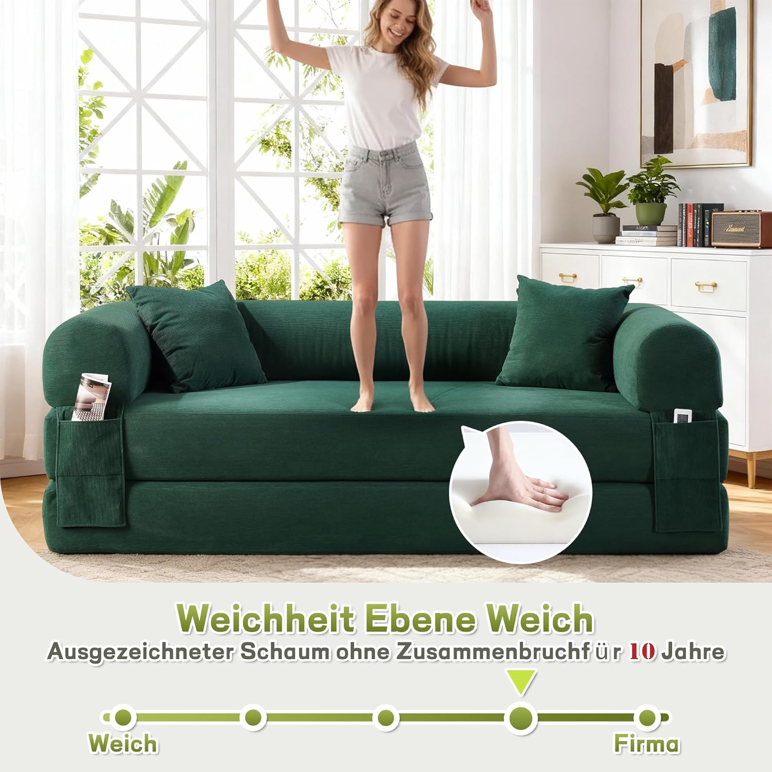 BMMB Bodensofa mit Schlaffunktion, 203cm 3-sitzer Boneless Couch Sofa, Klappbar Schlafsofa Schlafsessel Bed mit 2 Kissen, Moderne Klappsofa Sofabett für Wohnzimmer Schlafzimmer (Dunkelgrün, 8025)
