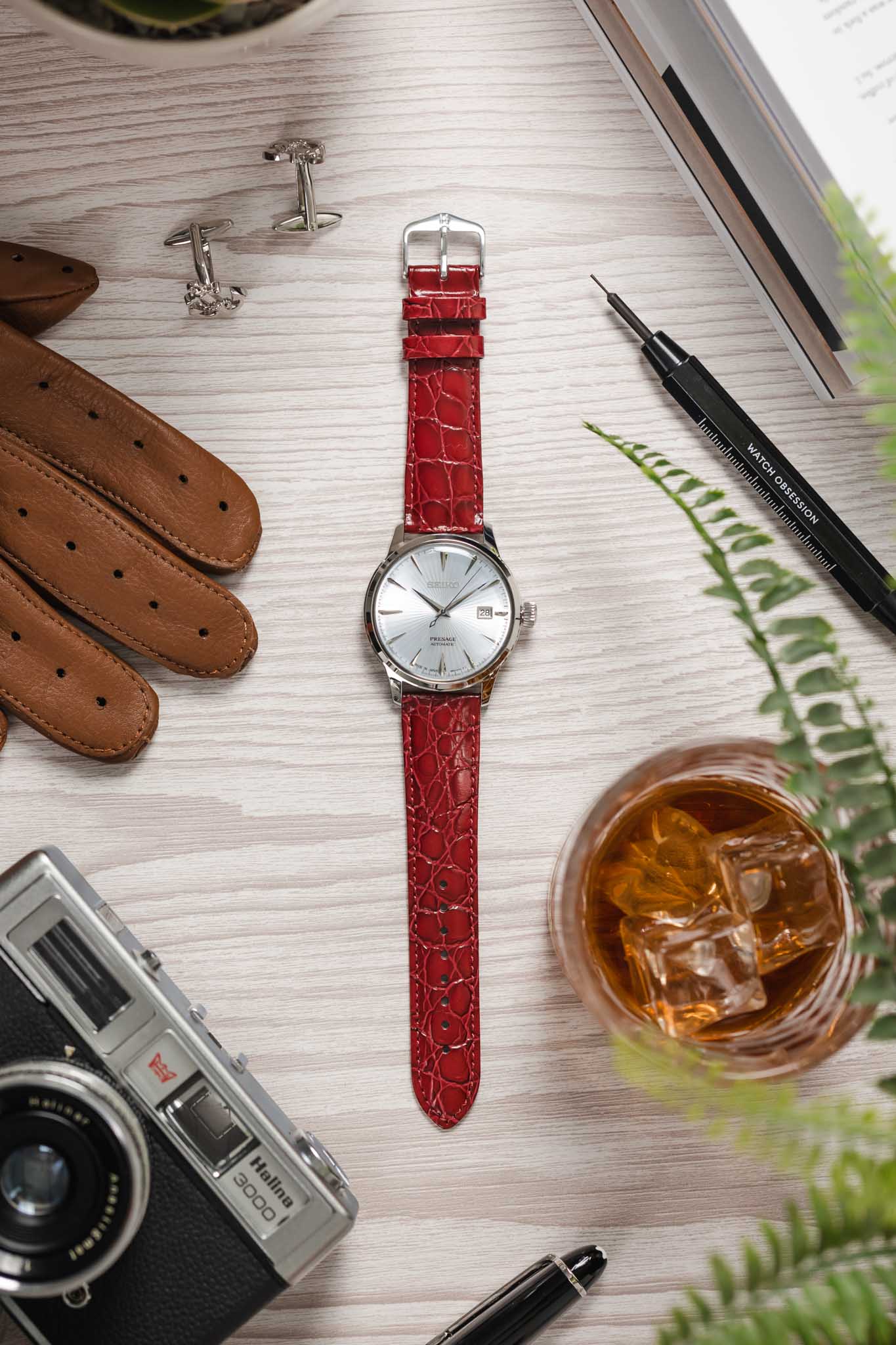 Hirsch CROCOGRAIN Crocodile Embossed Leather Watch Strap in BURGUNDY