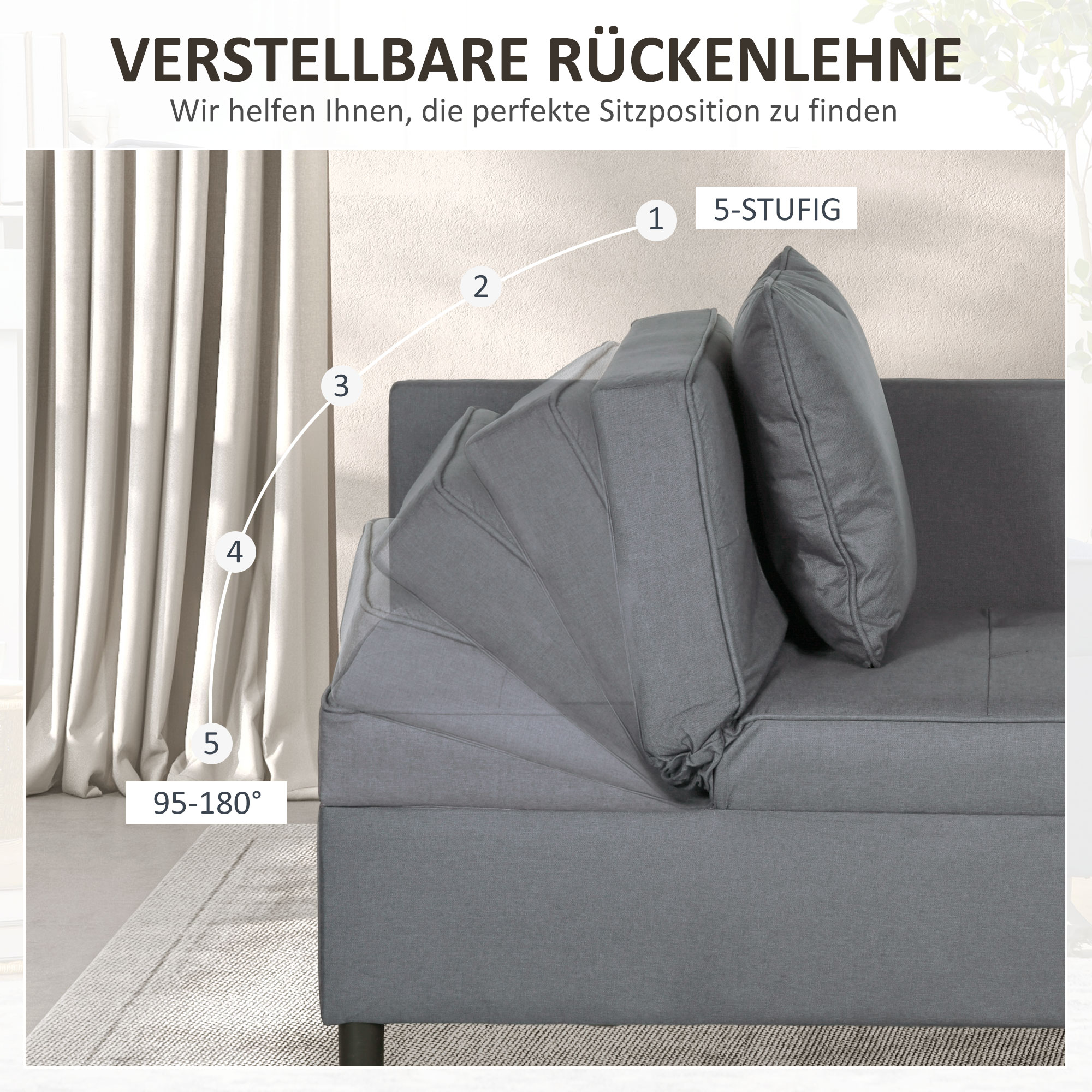 Slaapstoel, 2-Zitsbank met Bedfunctie, Opvouwbare Gestoffeerde Stoel met 2 Kussens, Linnen-Look Bekleding, Donkergrijs