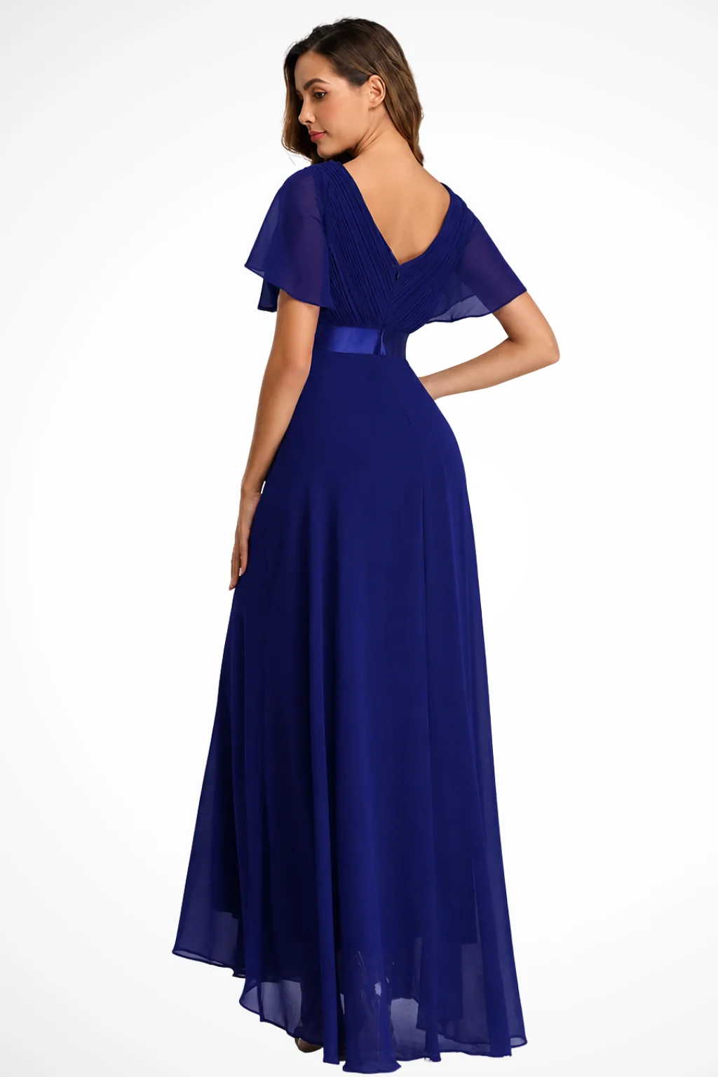 Maxikleid Damen aus Chiffon | Festliches Kleid f��r Hochzeitsg?ste mit V-Ausschnitt und Flatter?rmeln | Flie?endes Abendkleid