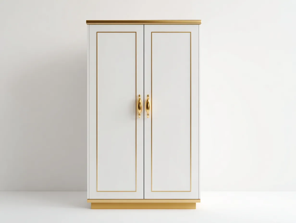 Kleiderschrank mit zwei Türen - Holzwerkstoff-Metall - 98 x 57 x 196 cm - Weiß-Gold - Klassischer Stil