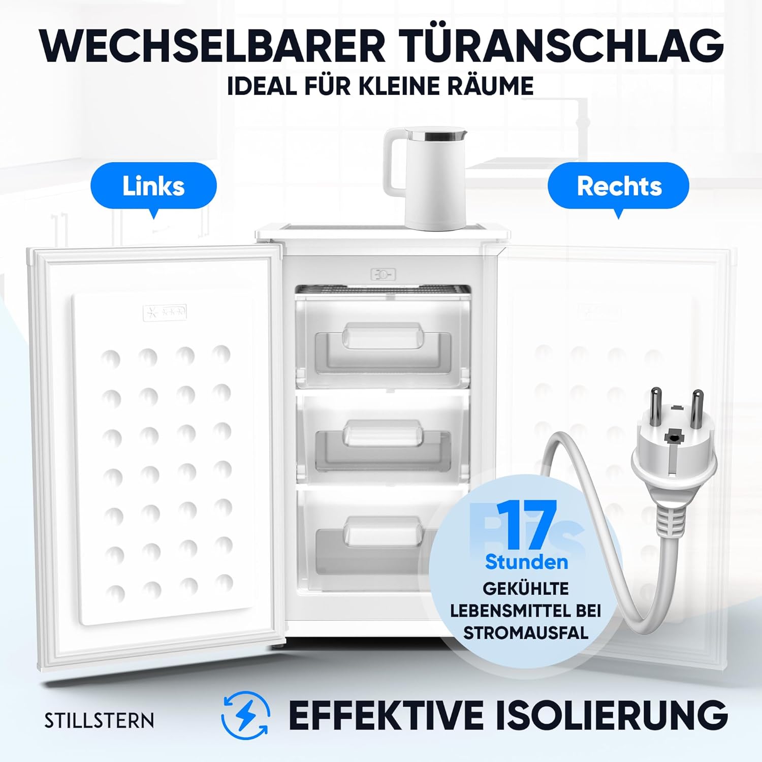Stillstern Gefrierschrank Klein (73L) 4-Sterne-Gefrierfach -18°C ger. Energiever. Mini Freezer mit 3 Fächer, stufenlos reg. Temp., kleine Tiefkühltruhe, Türanschlag r./l. Tiefkühlschrank R600A Weiß