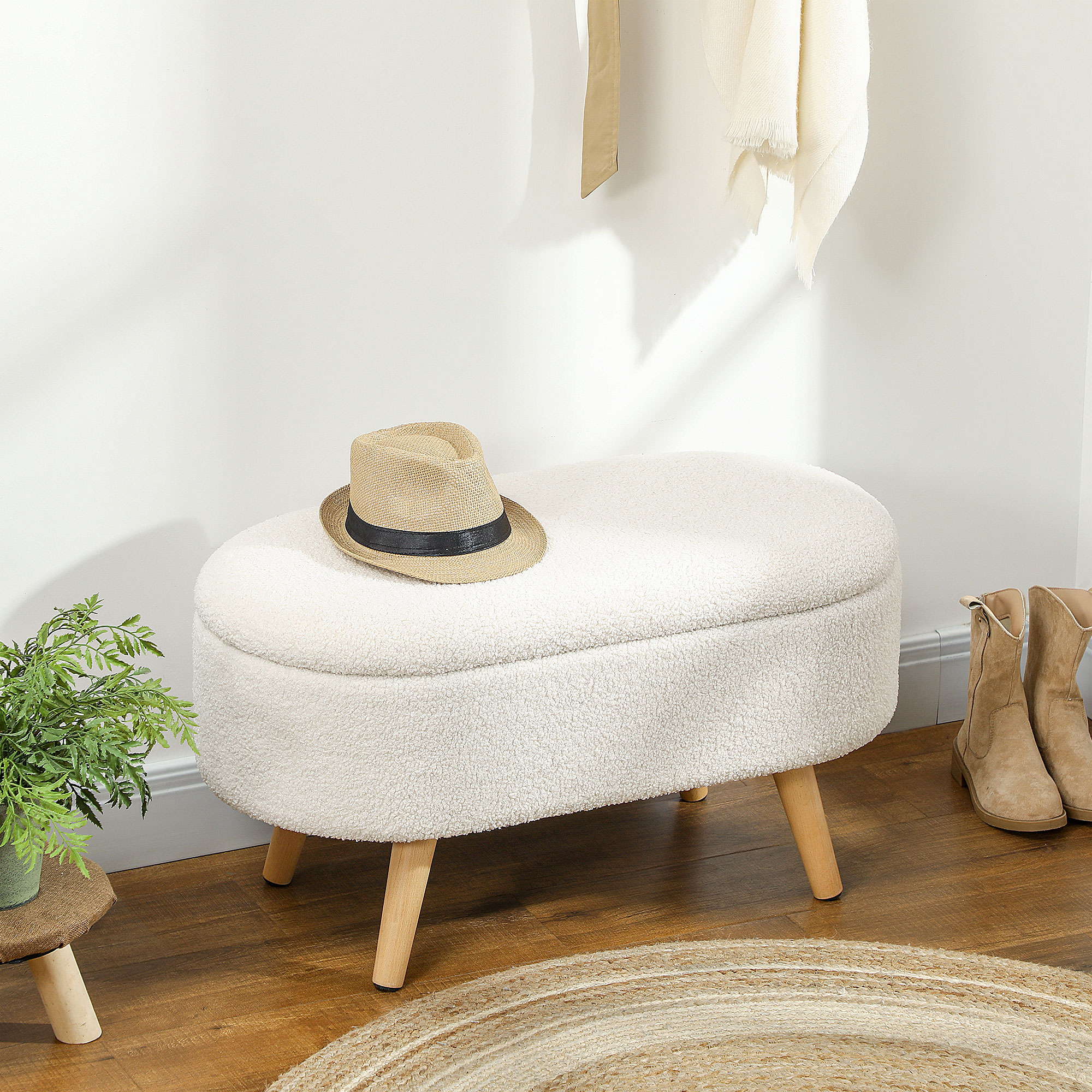 Zitbank met Opbergruimte en Deksel, Voethocker voor Hal, Woonkamer, Slaapkamer, Hout, Stoffen Bekleding, Wit