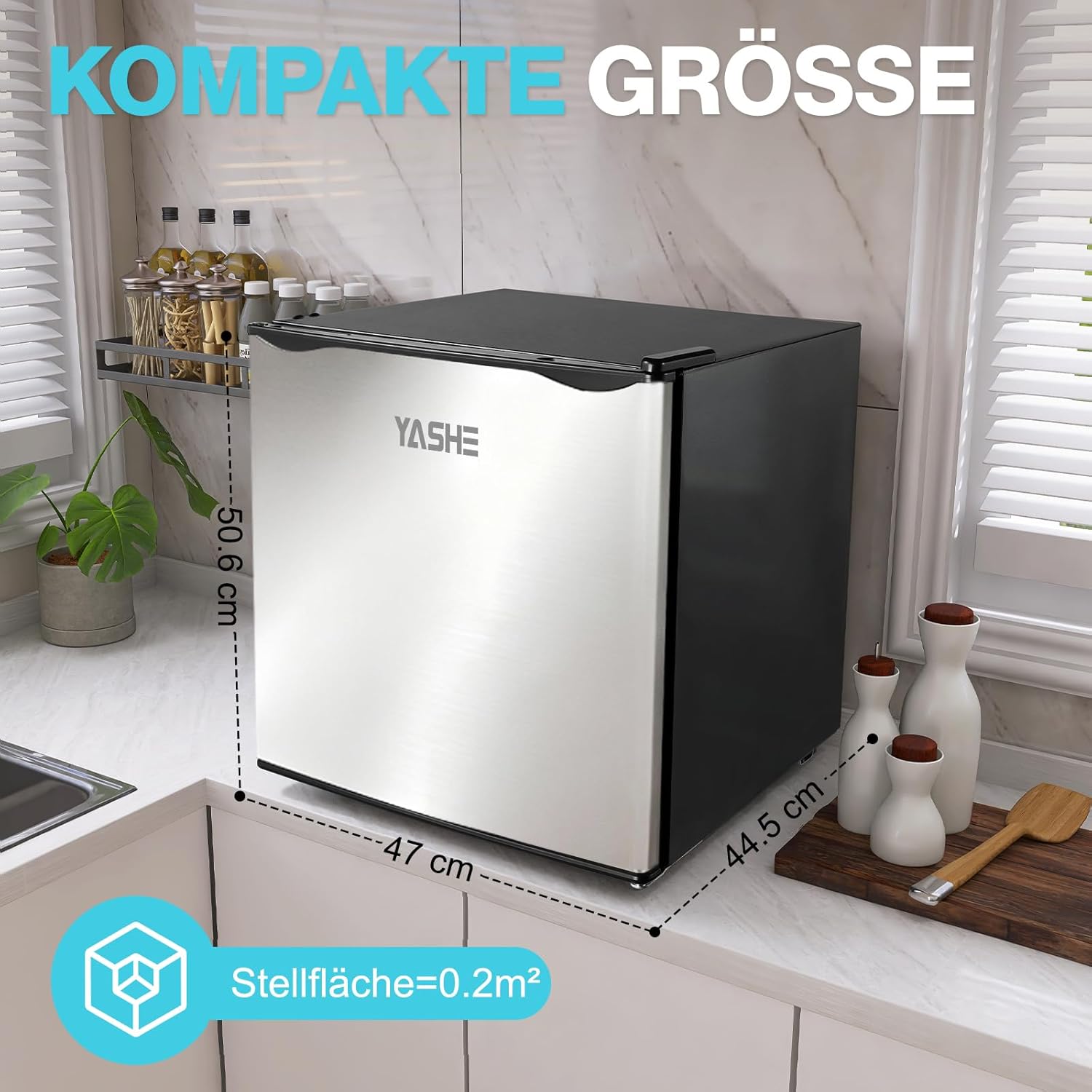 YASHE 52L Mini Kühlschrank mit Gefrierfach, Kompakter Kühlschrank, Einstellbarer Thermostat, Großes Fassungsvermögen, Umkehrbarer Türanschlag, Platzsparend, Kühlschrank für Küche, Zimmer, Büro