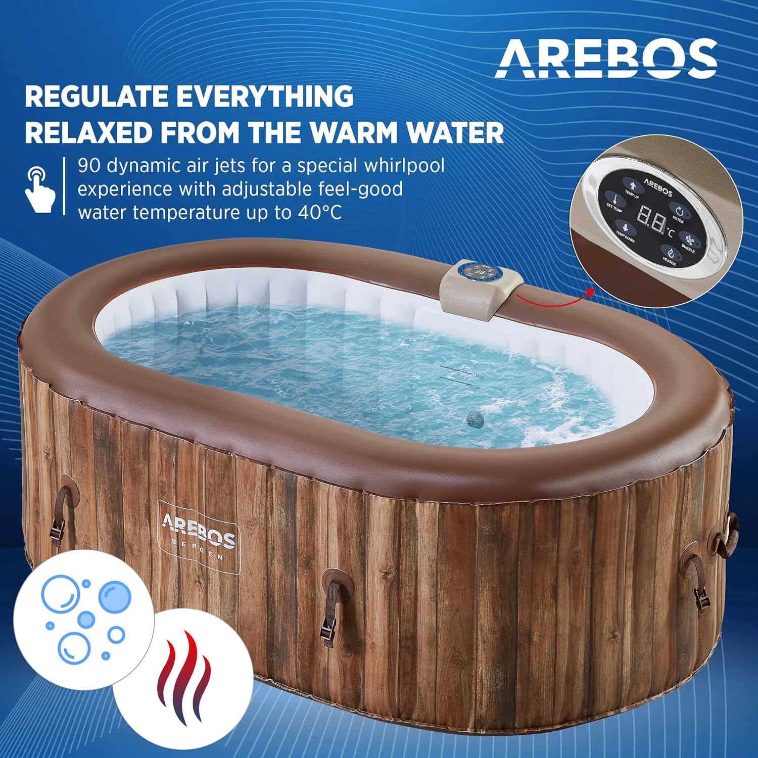 Arebos Whirlpool | Aufblasbar | In- & Outdoor | 190x120 cm oval | 2 Personen | 90 Massagedüsen | mit Heizung | 550 Liter | Inkl. Abdeckung | Bubble Spa & Wellness Massage