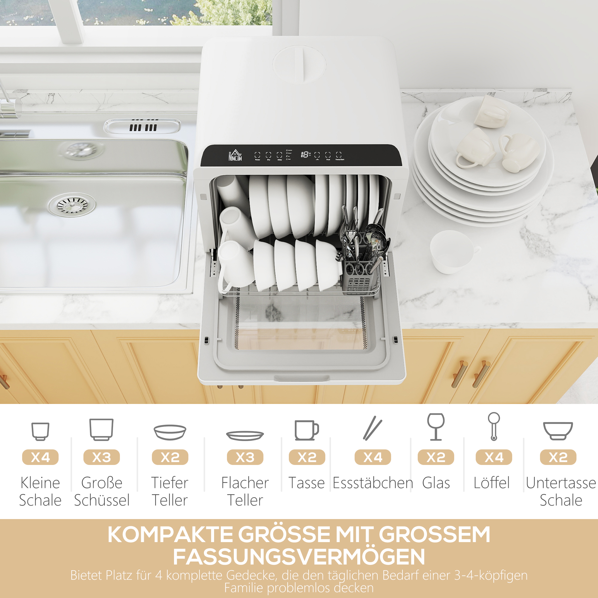 Tafelvaatwasser, Mini-Vaatwasser met 6-Liter-tank, 5 Programma's, LED-display, Droogfunctie, Wit