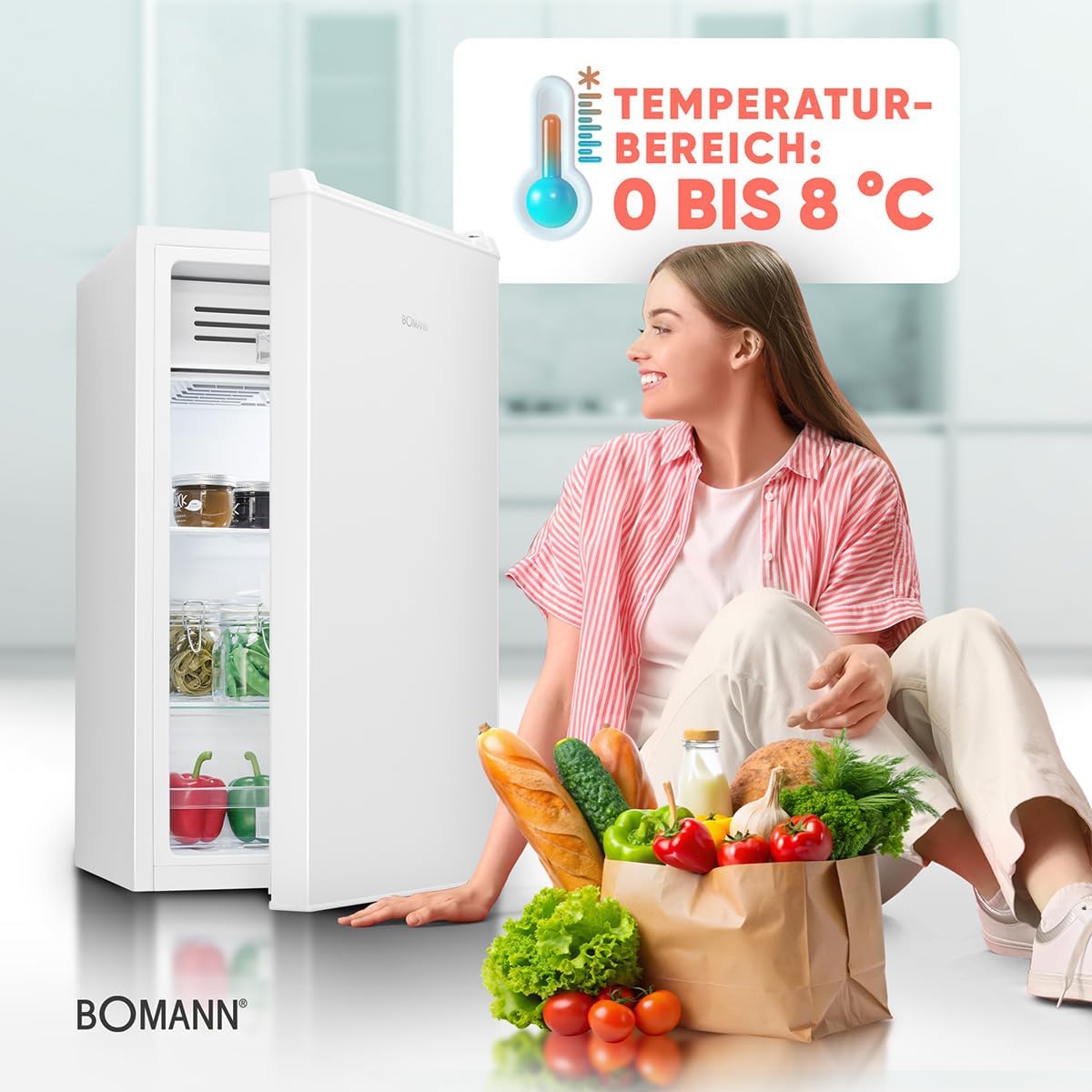 Bomann® Kühlschrank mit Frostfach | 83 Liter | energieeffizient, leise & kompakt | 0°C - 8°C, stufenlos regelbar | 2 Ablagen & Gemüsefach | LED Beleuchtung | Türanschlag wechselbar | KS 7257 weiß