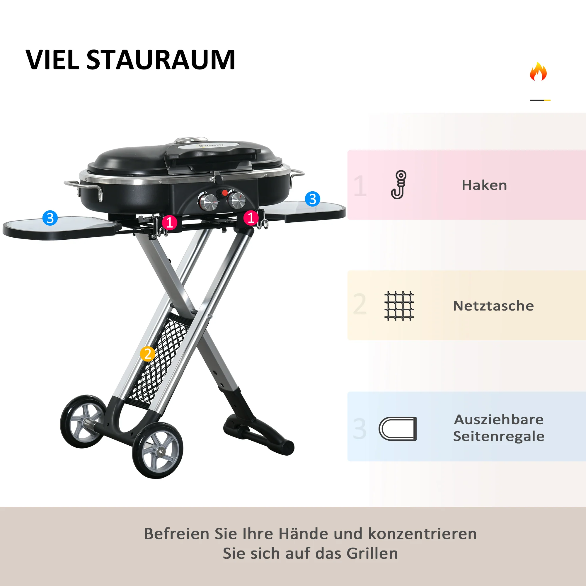 Outsunny Grillkar, inklapbaar, opbergrek, vetopvangbak, roestvrij, aluminium, 100 x 41,6 x 82,5 cm, zwart/zilver