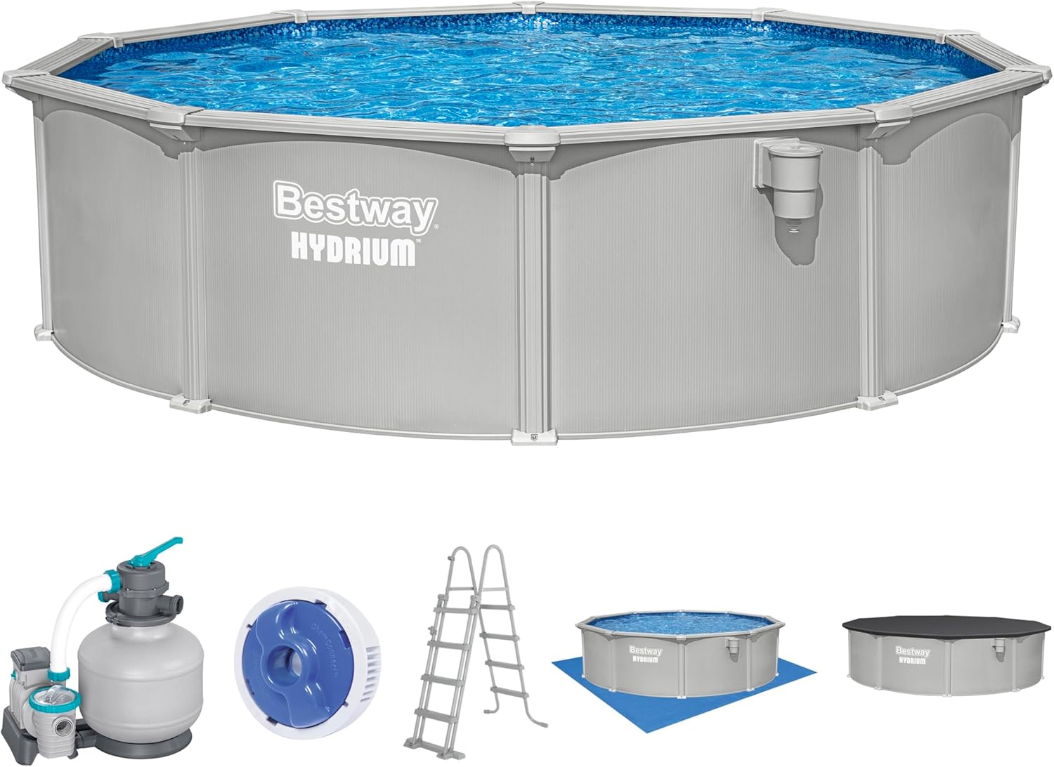 Bestway® Hydrium™ Stahlwandpool 457x122 cm rund – Komplett-Set Granitgrau mit Sandfilteranlage 6.056 l/h, Skimmer, Leiter, Abdeck- & Bodenplane, ChemConnect, 17.430 L, 365 Tage aufstellfähig
